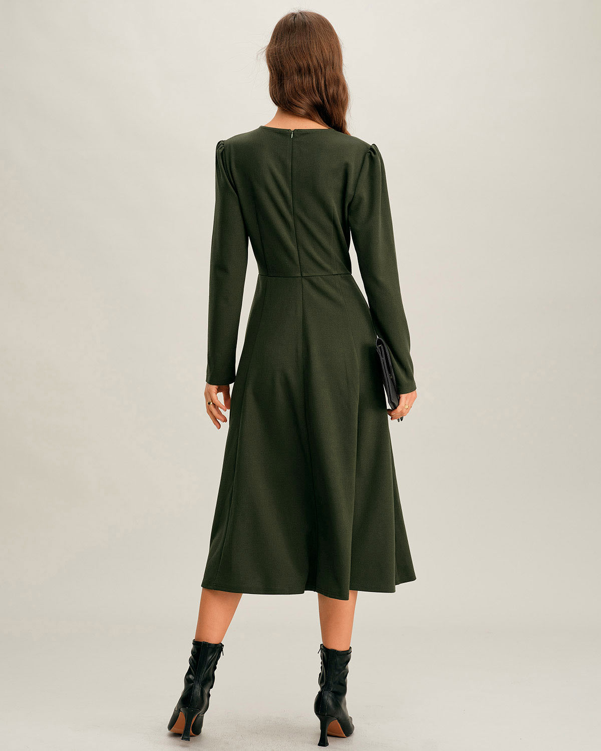 Green Ruched A-Line Slit Midi Dress
