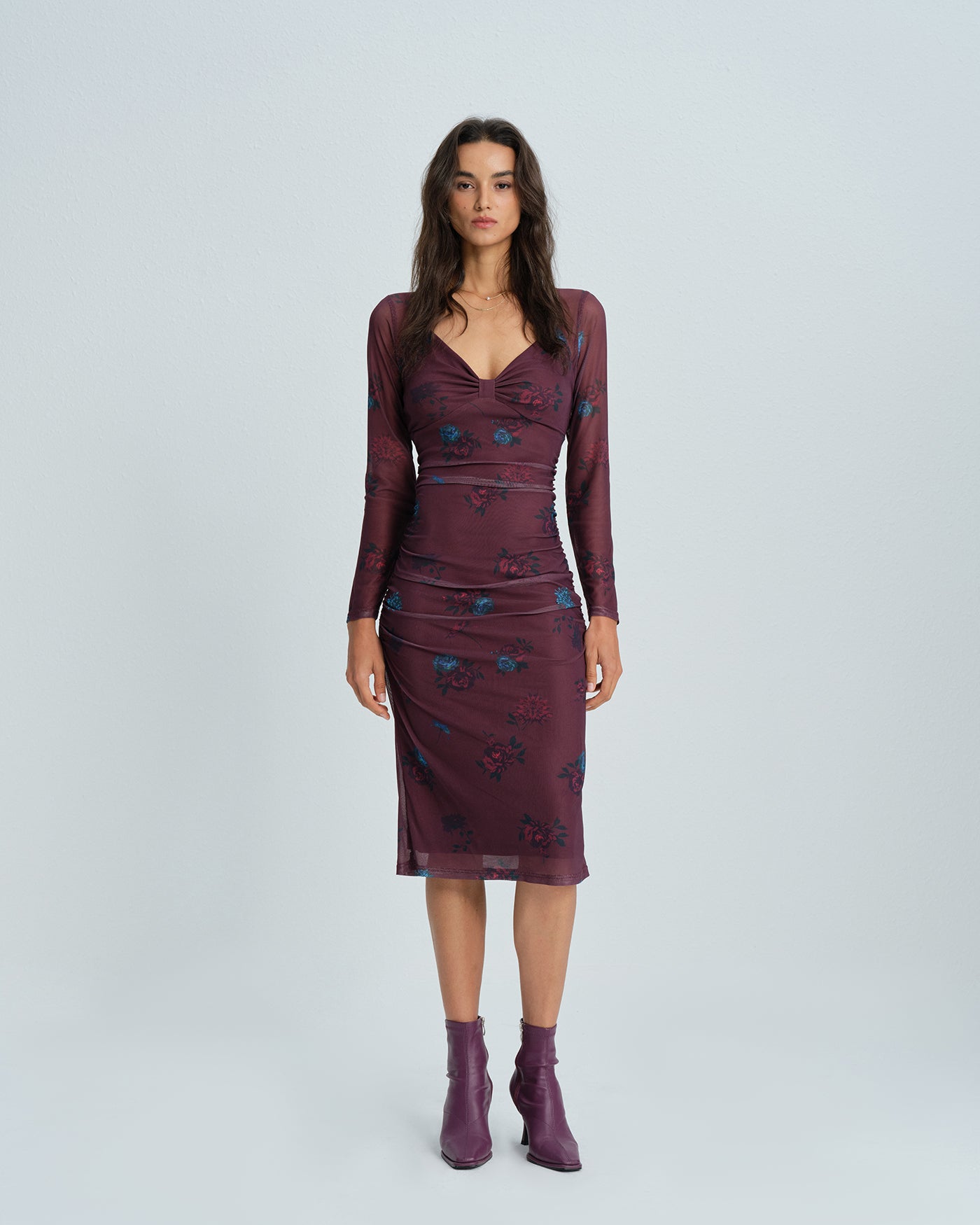 Purple V Neck Floral Midi Dress