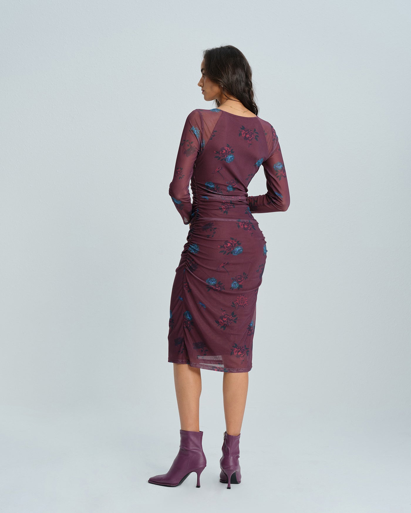 Purple V Neck Floral Midi Dress