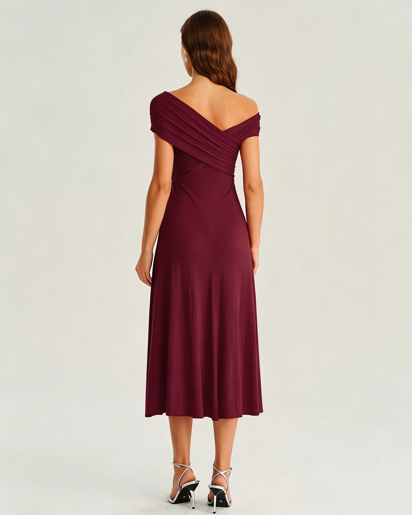 Wine Red One shoulder Ruched Midi Dress