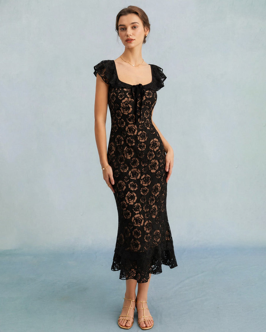 Black Textured Ruffle Mermaid Midi Dress