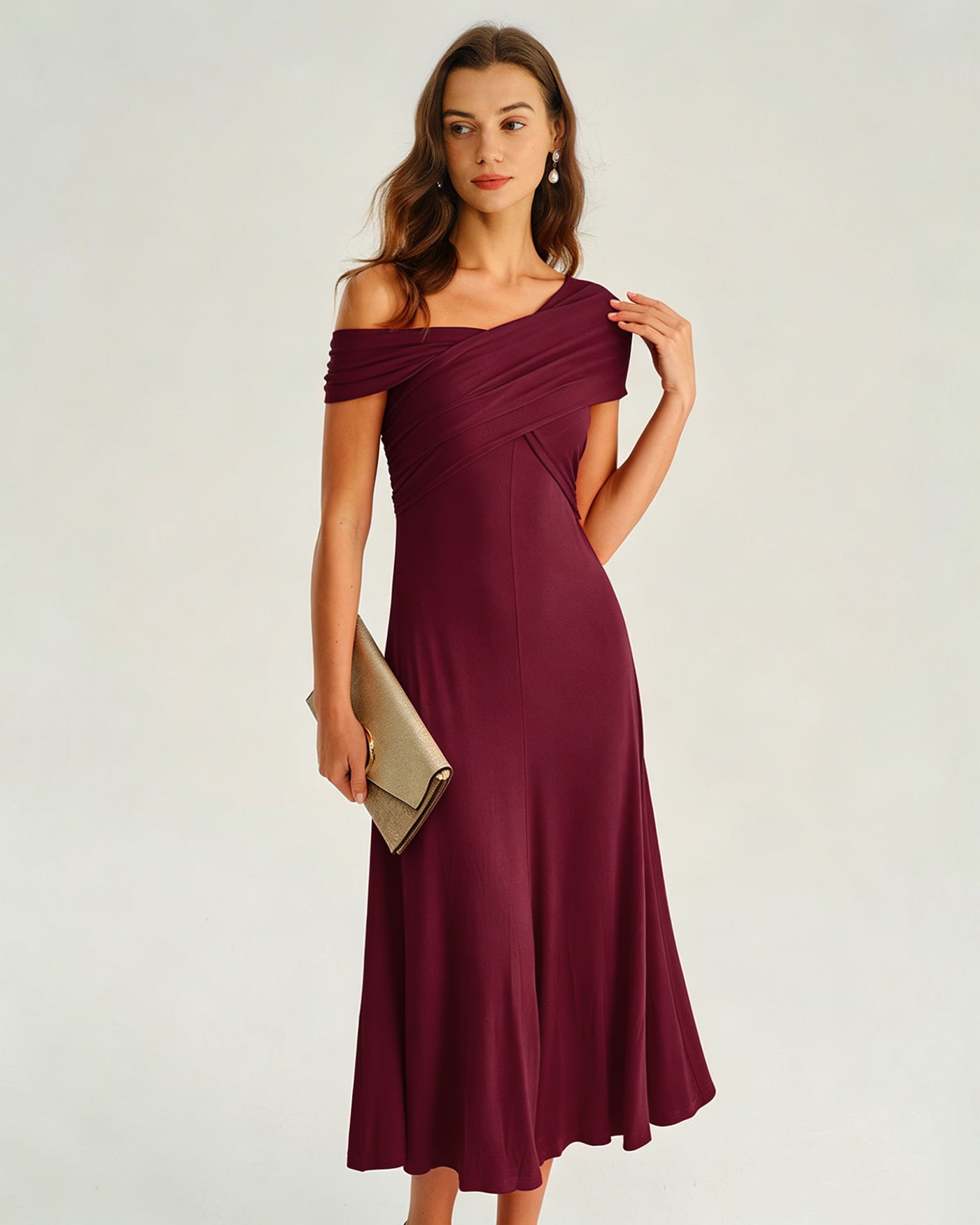 Wine Red One shoulder Ruched Midi Dress
