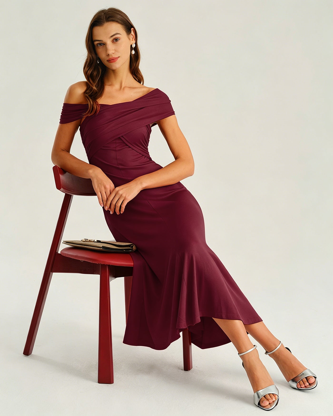 Wine Red One shoulder Ruched Midi Dress