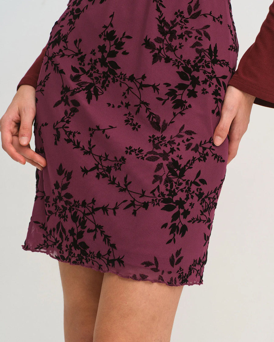 Wine Red Elastic Waist Floral Mini Skirt