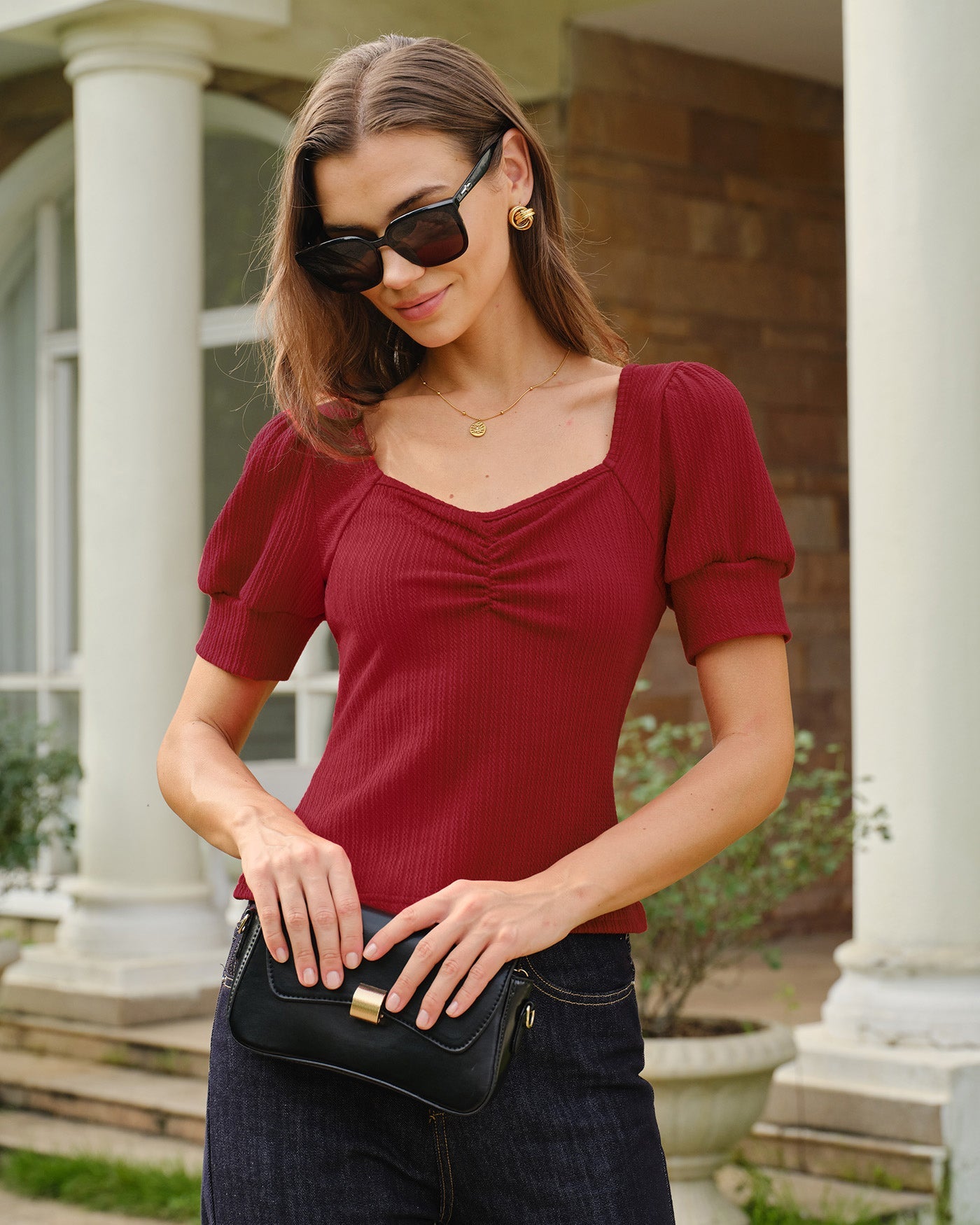 Red V Neck Lantern Sleeve Tee