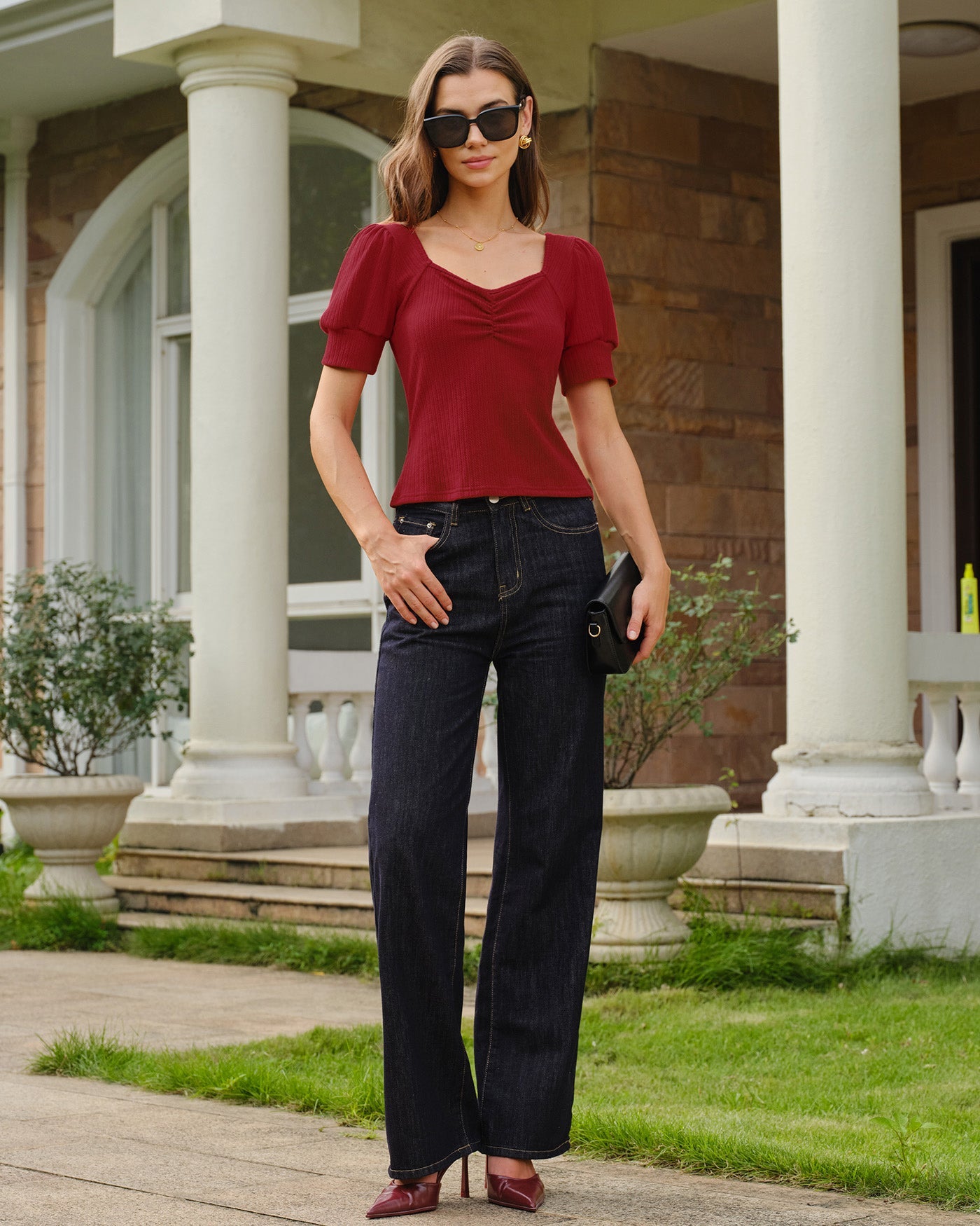 Red V Neck Lantern Sleeve Tee