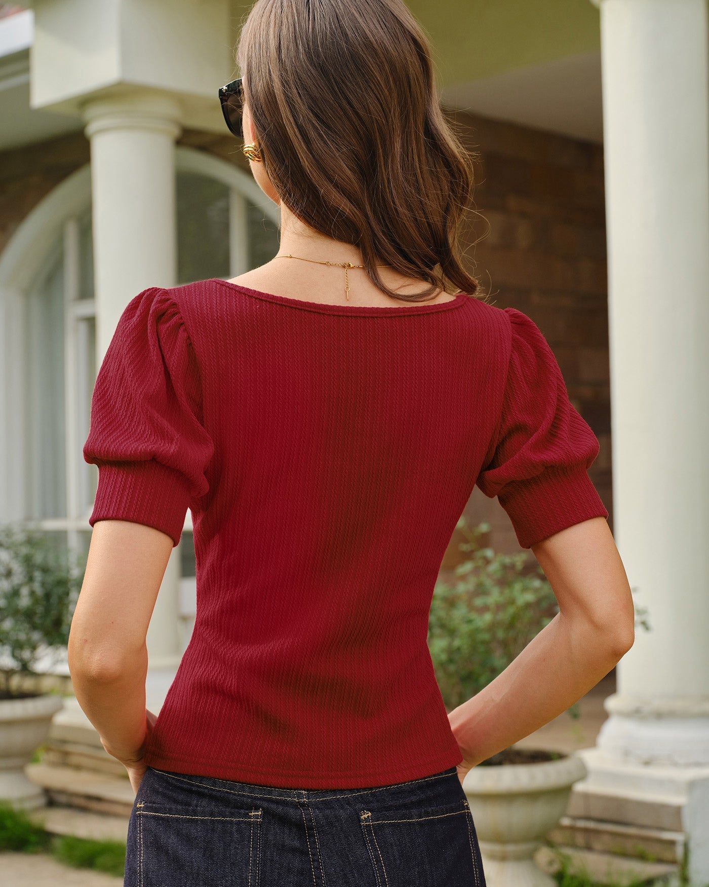 Red V Neck Lantern Sleeve Tee