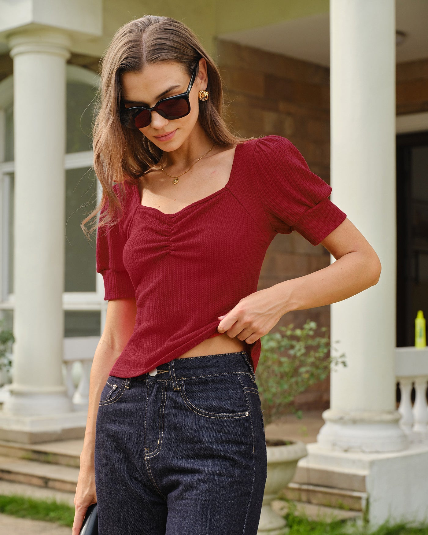 Red V Neck Lantern Sleeve Tee