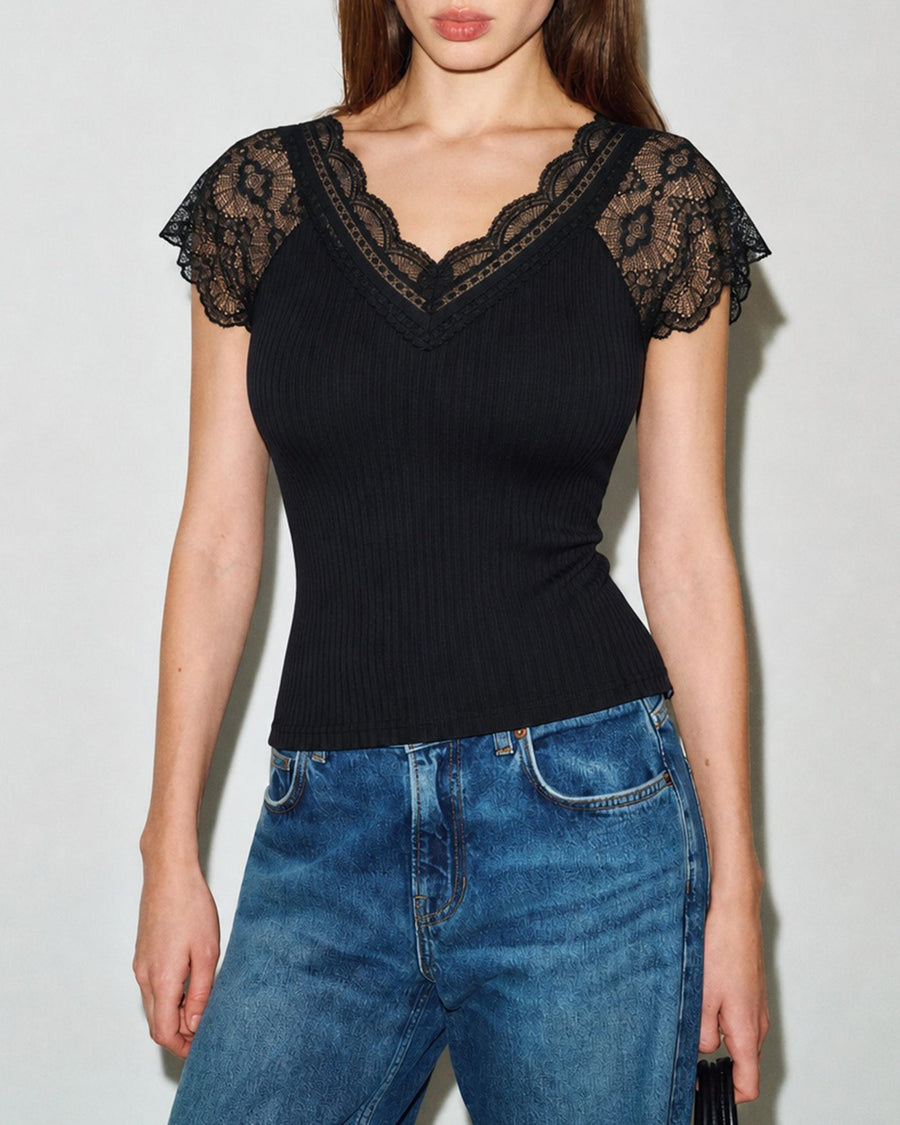 Black Solid V Neck Lace Splicing Tee