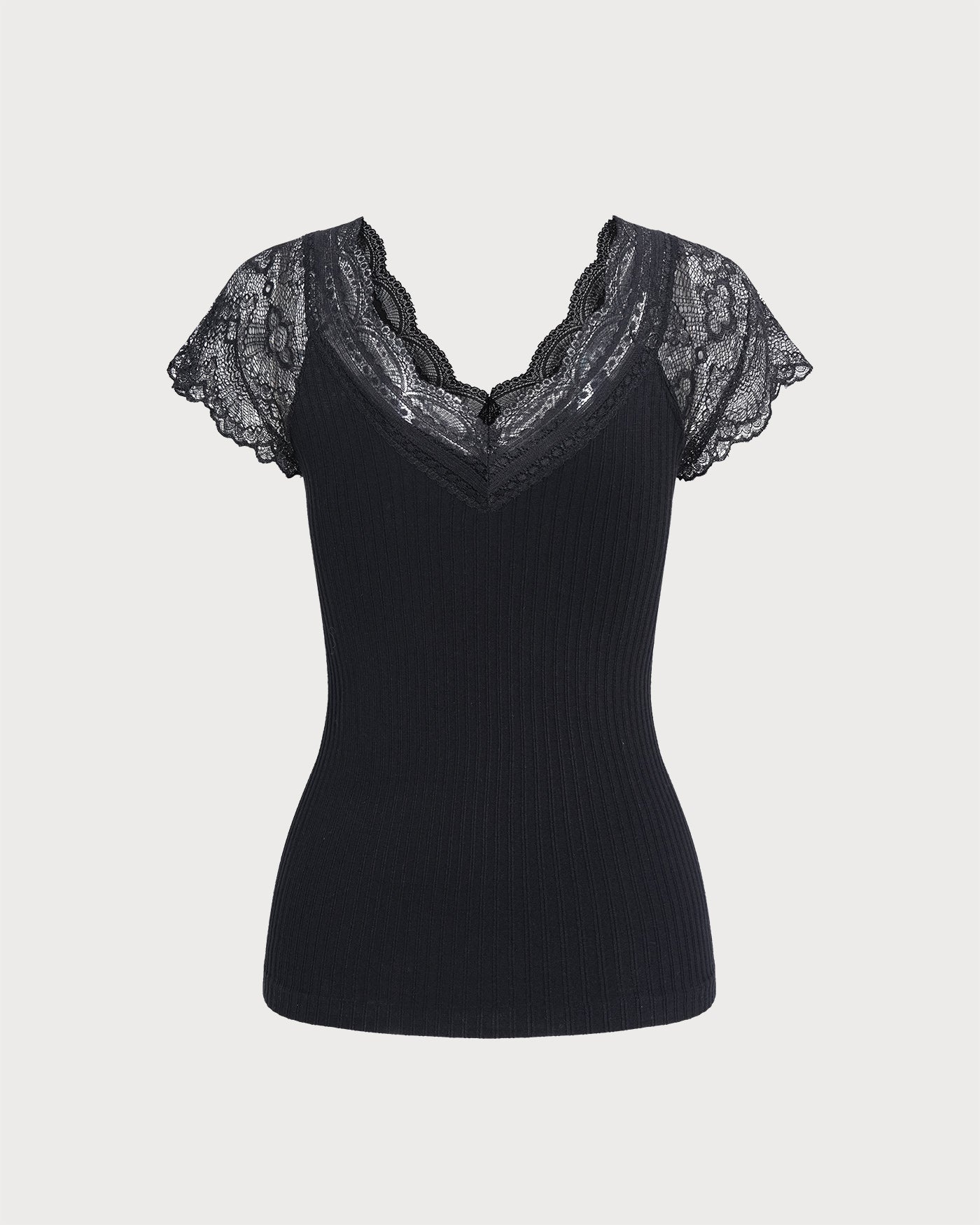 Black Solid V Neck Lace Splicing Tee