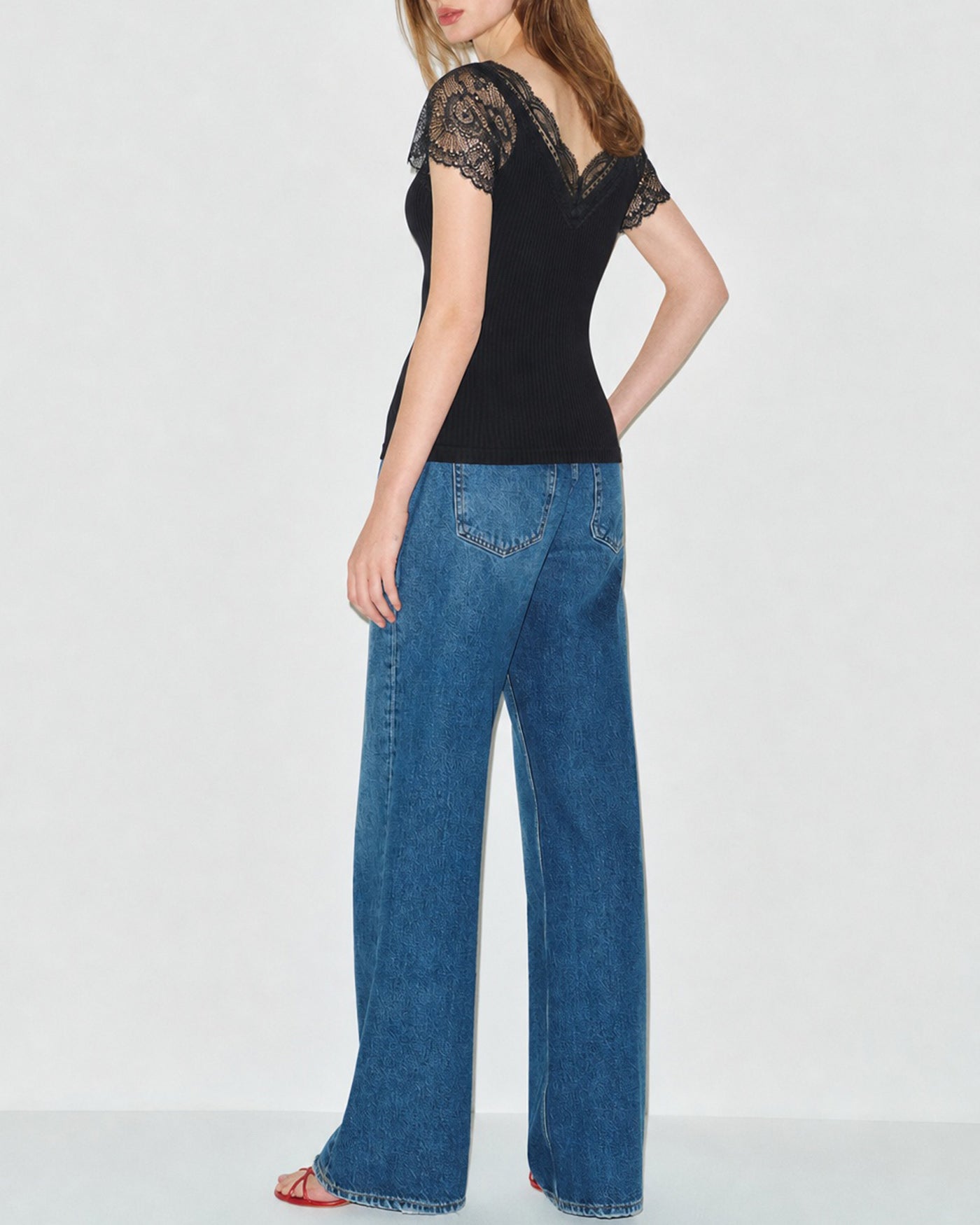 Black Solid V Neck Lace Splicing Tee