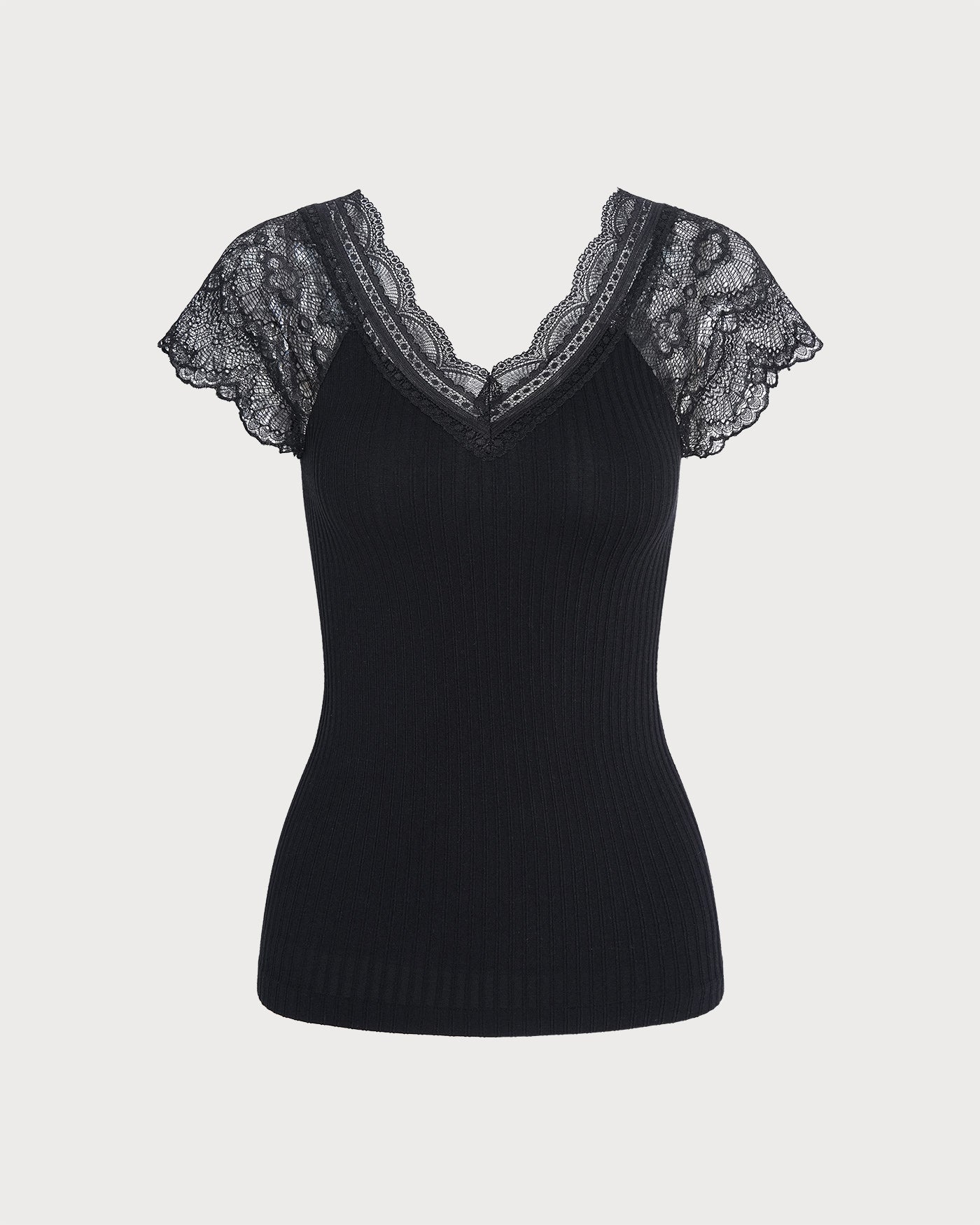 Black Solid V Neck Lace Splicing Tee