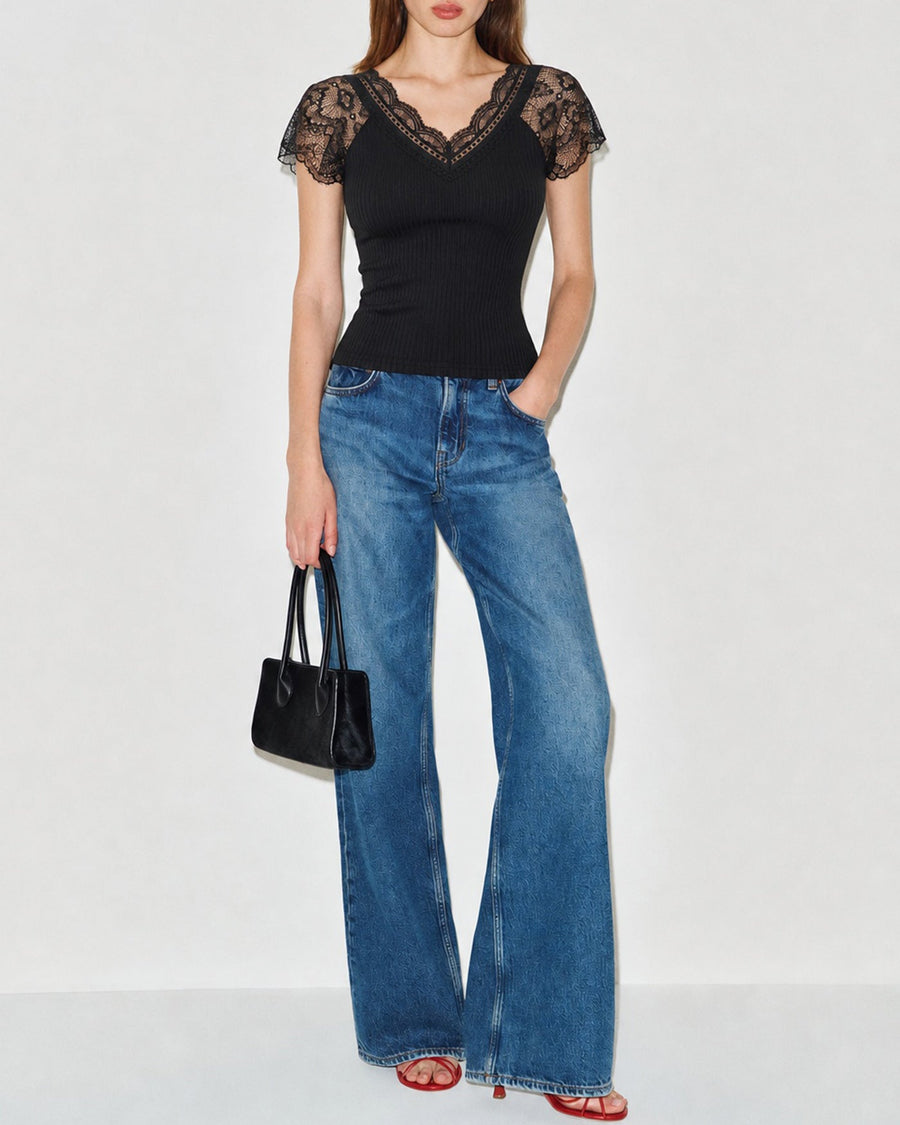 Black Solid V Neck Lace Splicing Tee