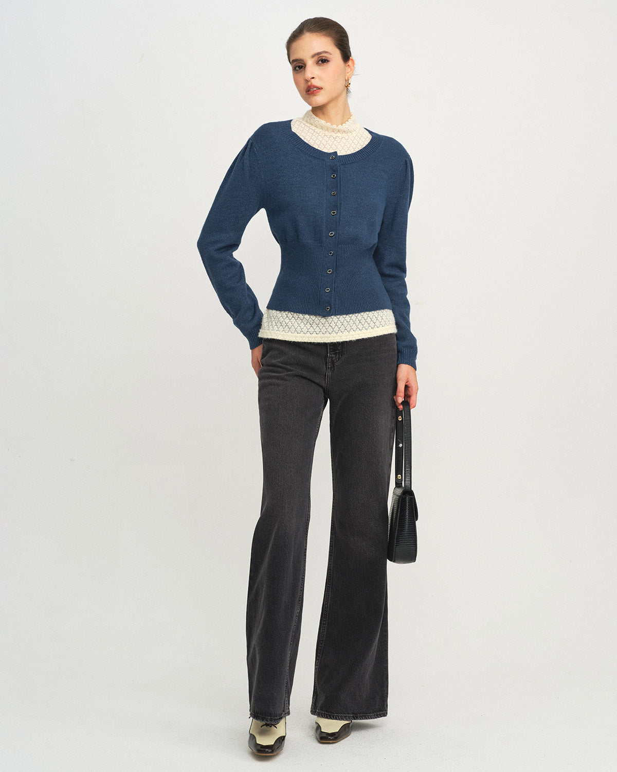 Blue Round Neck Slim Knit Cardigan