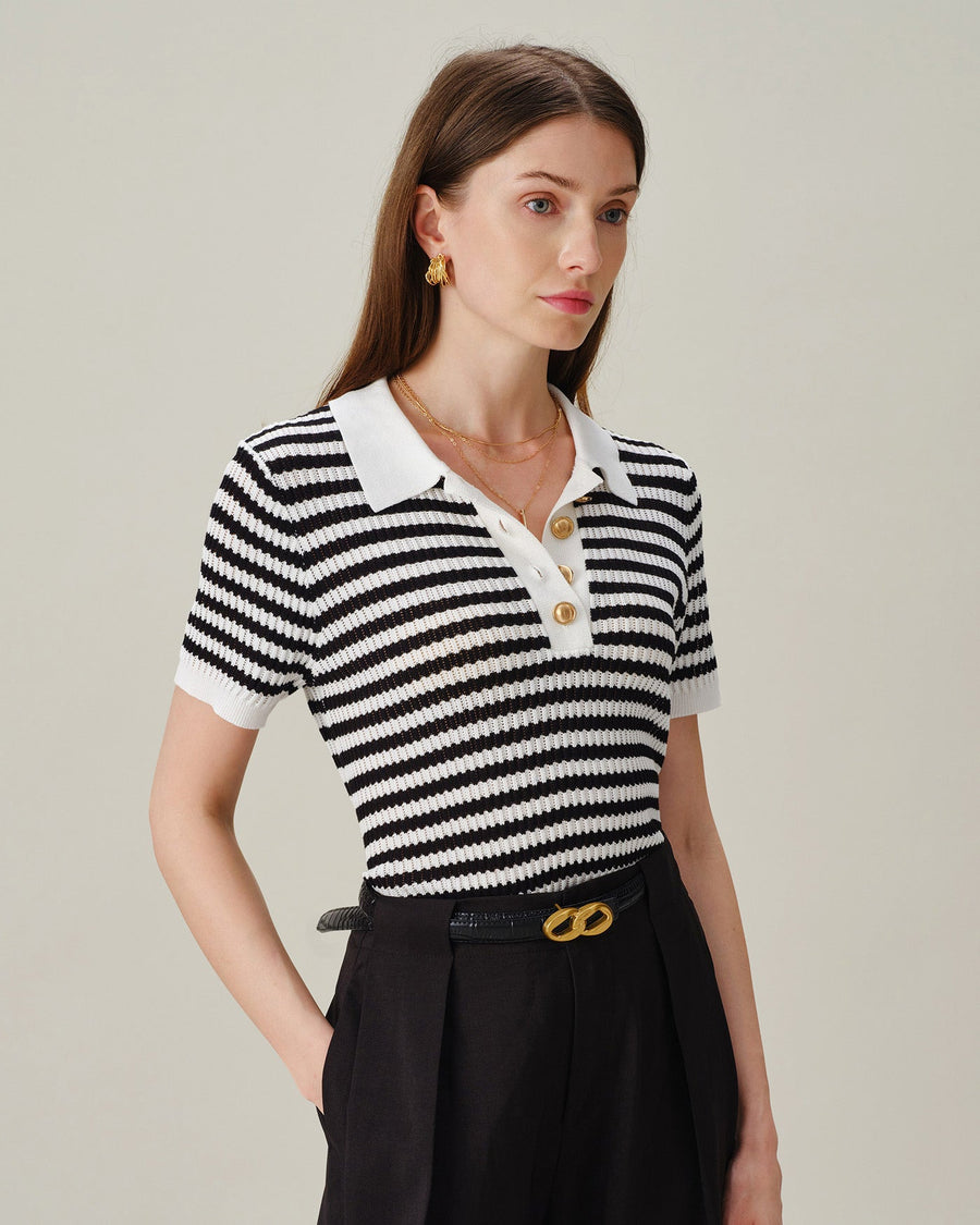 Black Collar Striped Button Knit Cardigan