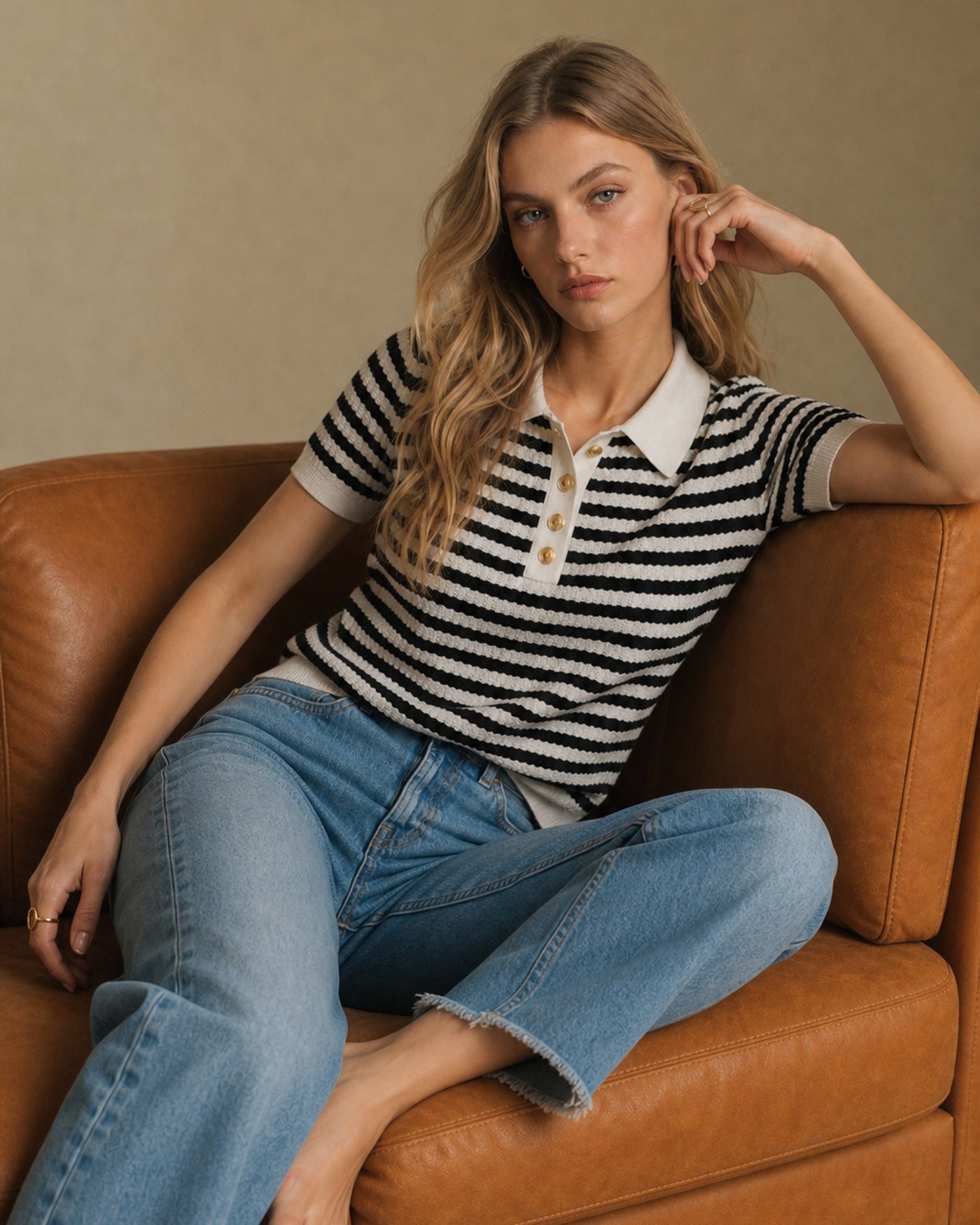 Black Collar Striped Button Knit Cardigan