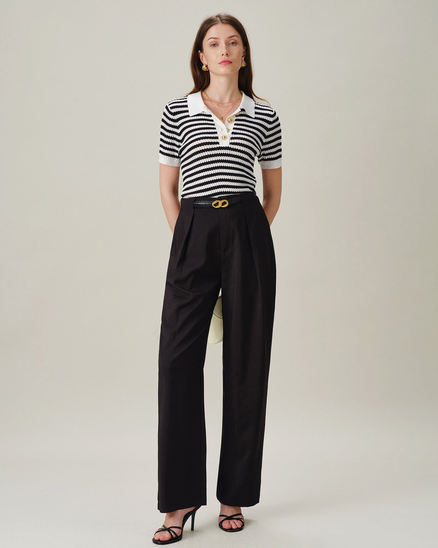 Black Collar Striped Button Knit Cardigan