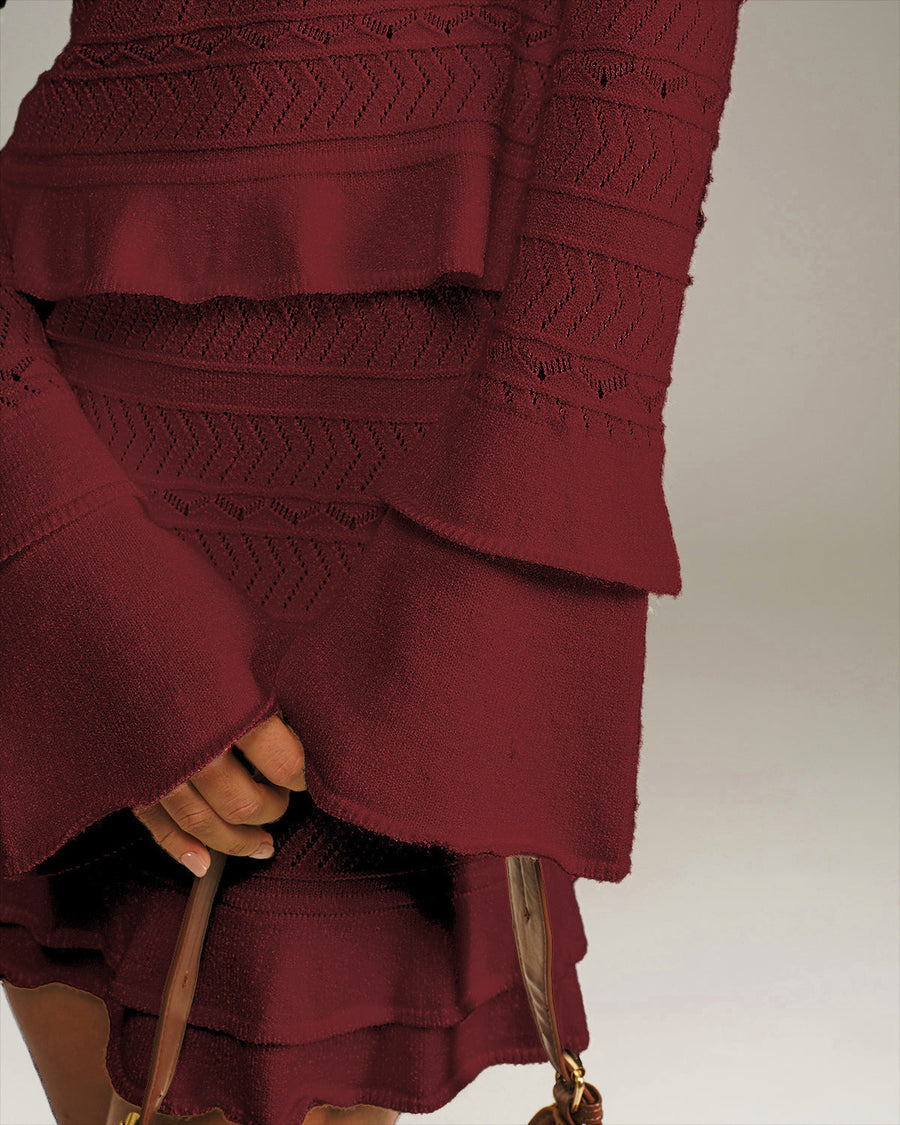 Wine Red Elegant Bell Sleeve Knit Tee
