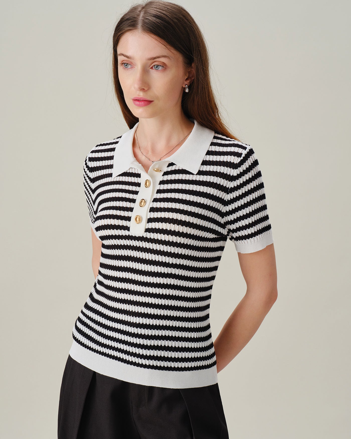 Black Collar Striped Button Knit Cardigan