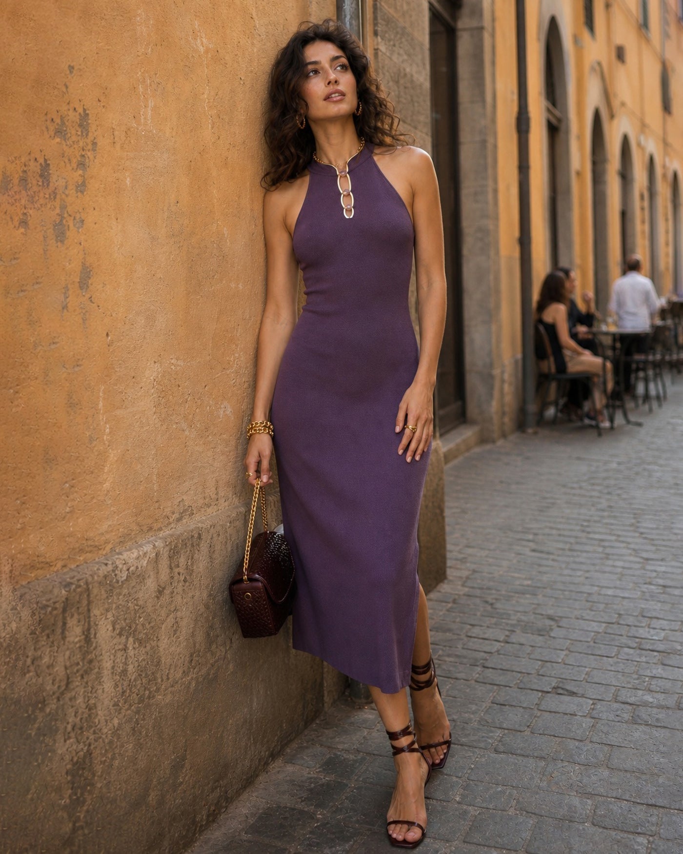 Purple Mandarin Collar Slit Mermaid Midi Dress