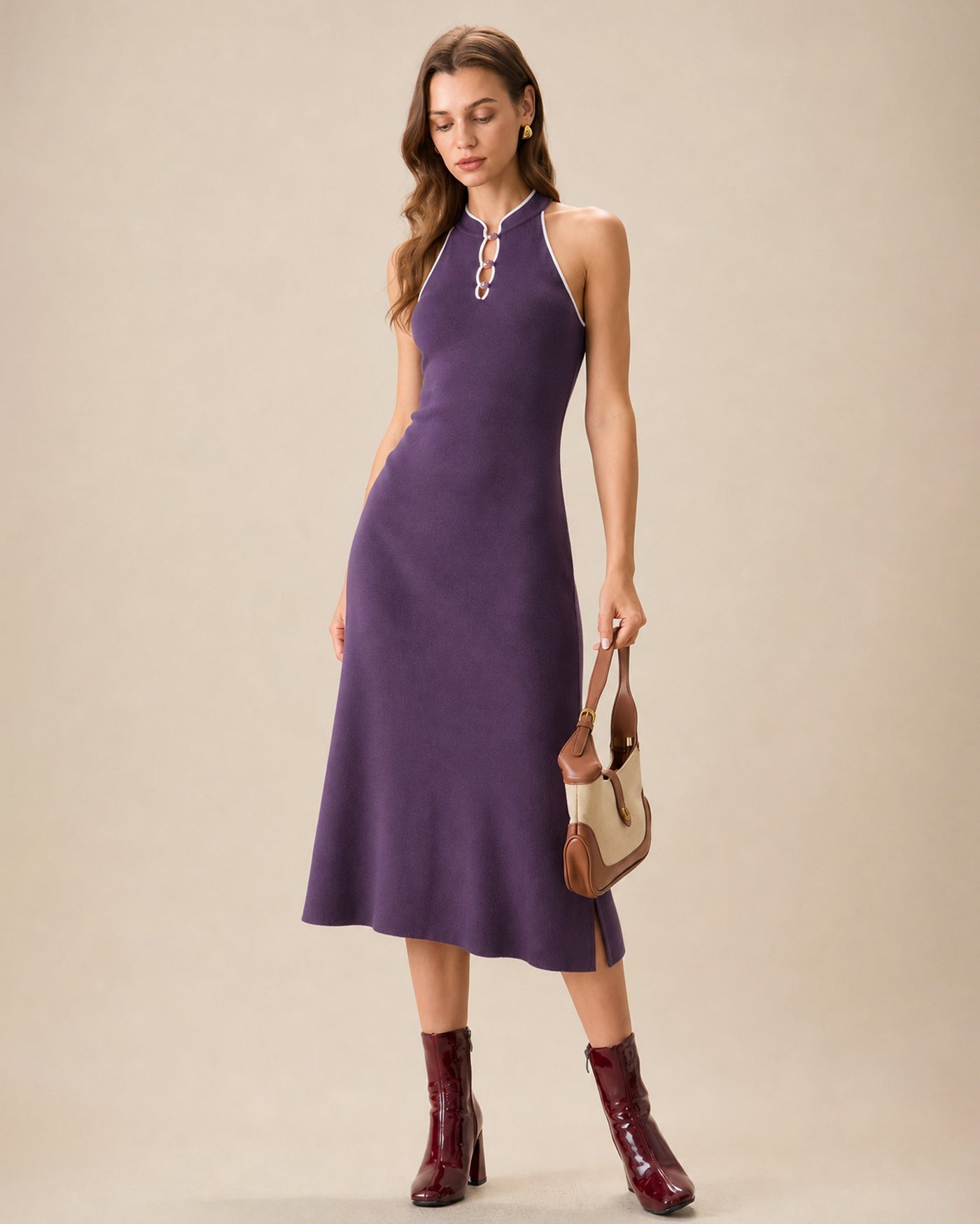 Purple Mandarin Collar Slit Mermaid Midi Dress