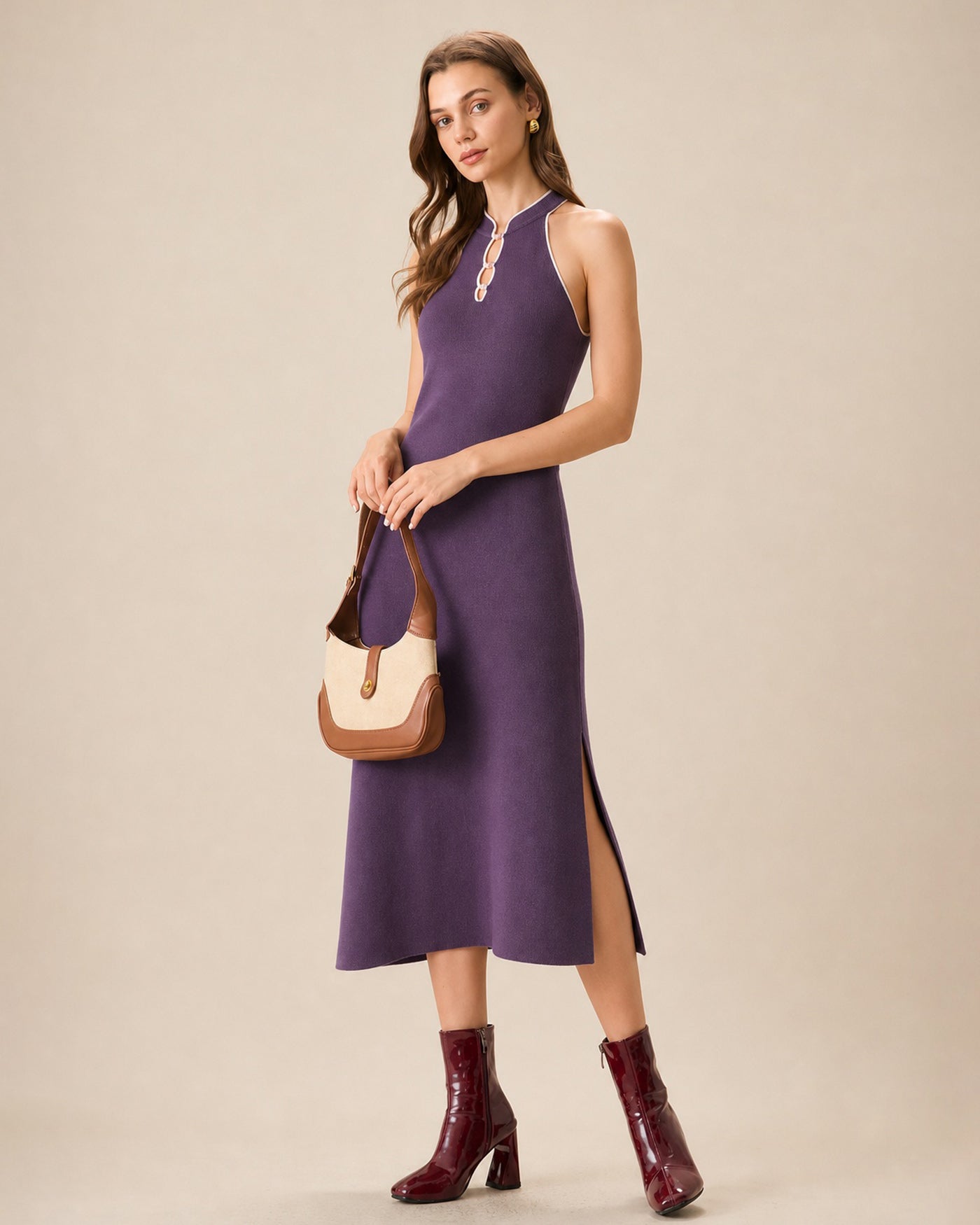 Purple Mandarin Collar Slit Mermaid Midi Dress