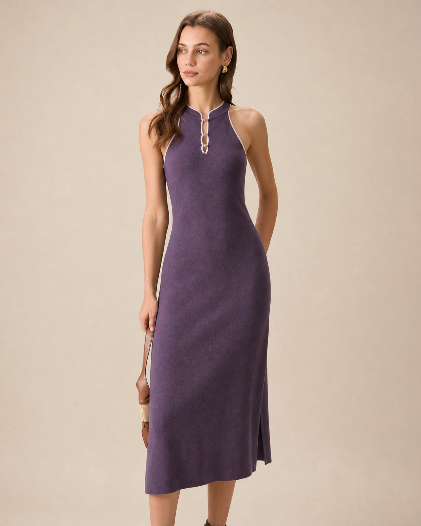 Purple Mandarin Collar Slit Mermaid Midi Dress