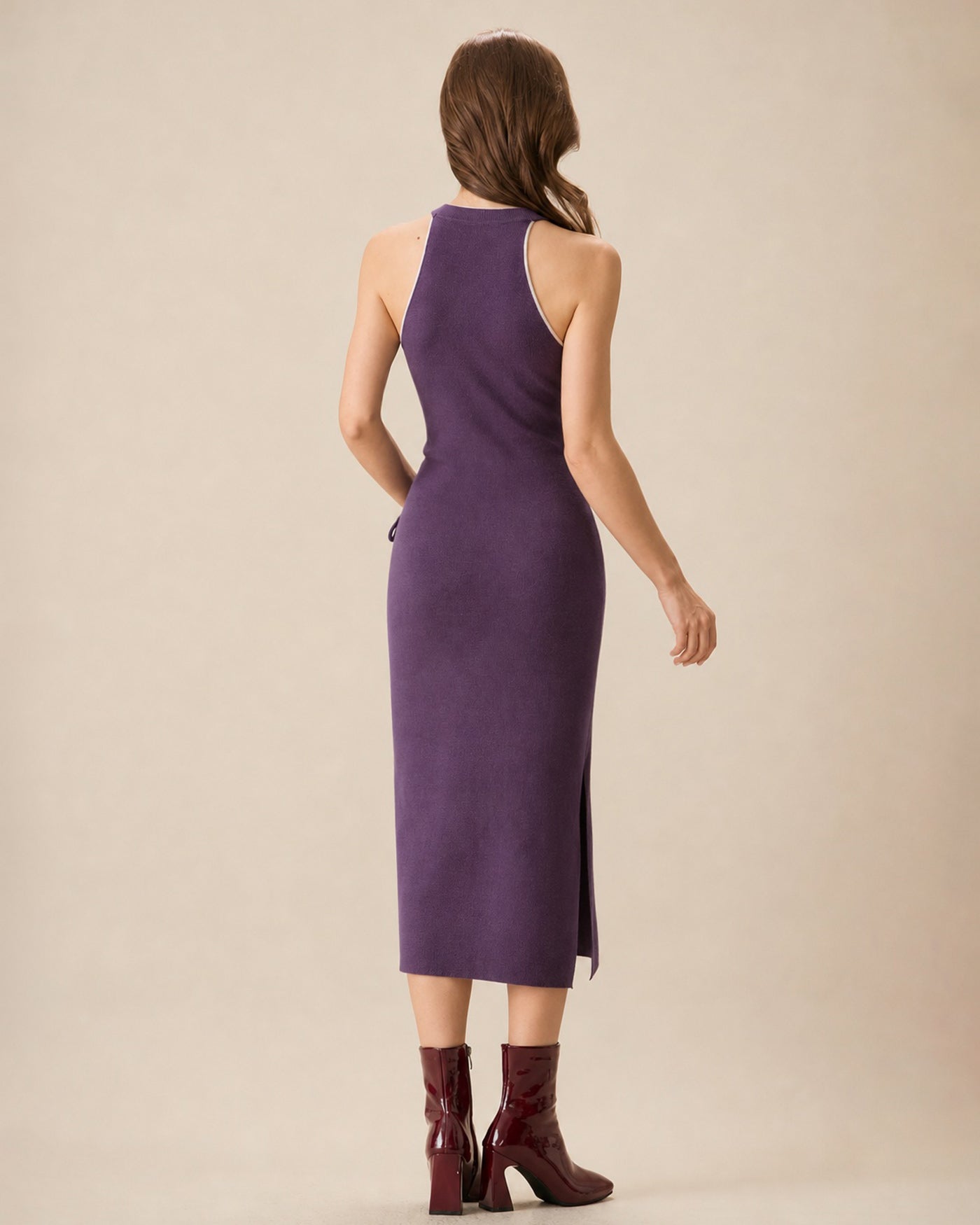 Purple Mandarin Collar Slit Mermaid Midi Dress