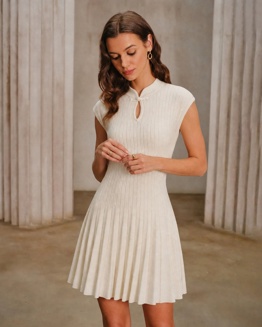 Apricot Mandarin Collar Mini Sweater Dress