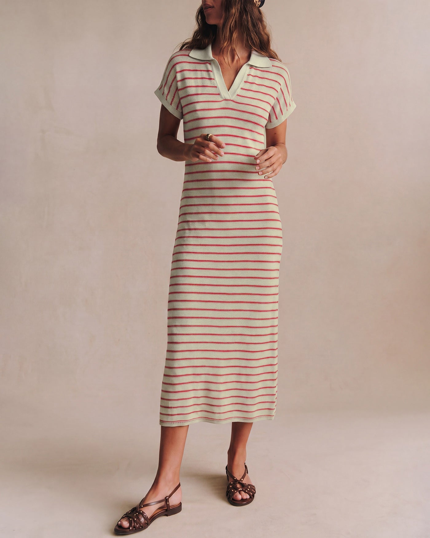 Camel V Neck Striped Midi Sweater Dress
