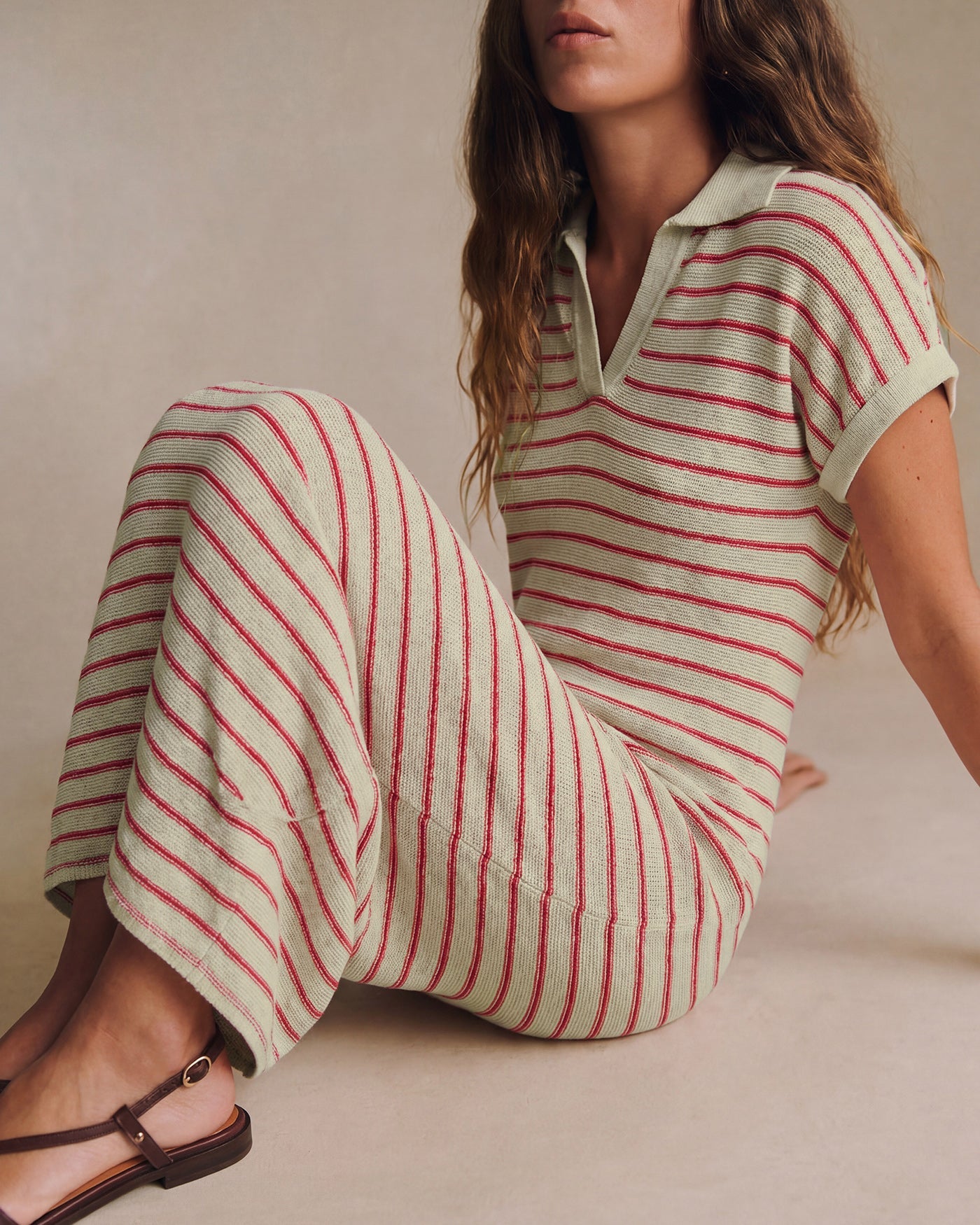Camel V Neck Striped Midi Sweater Dress