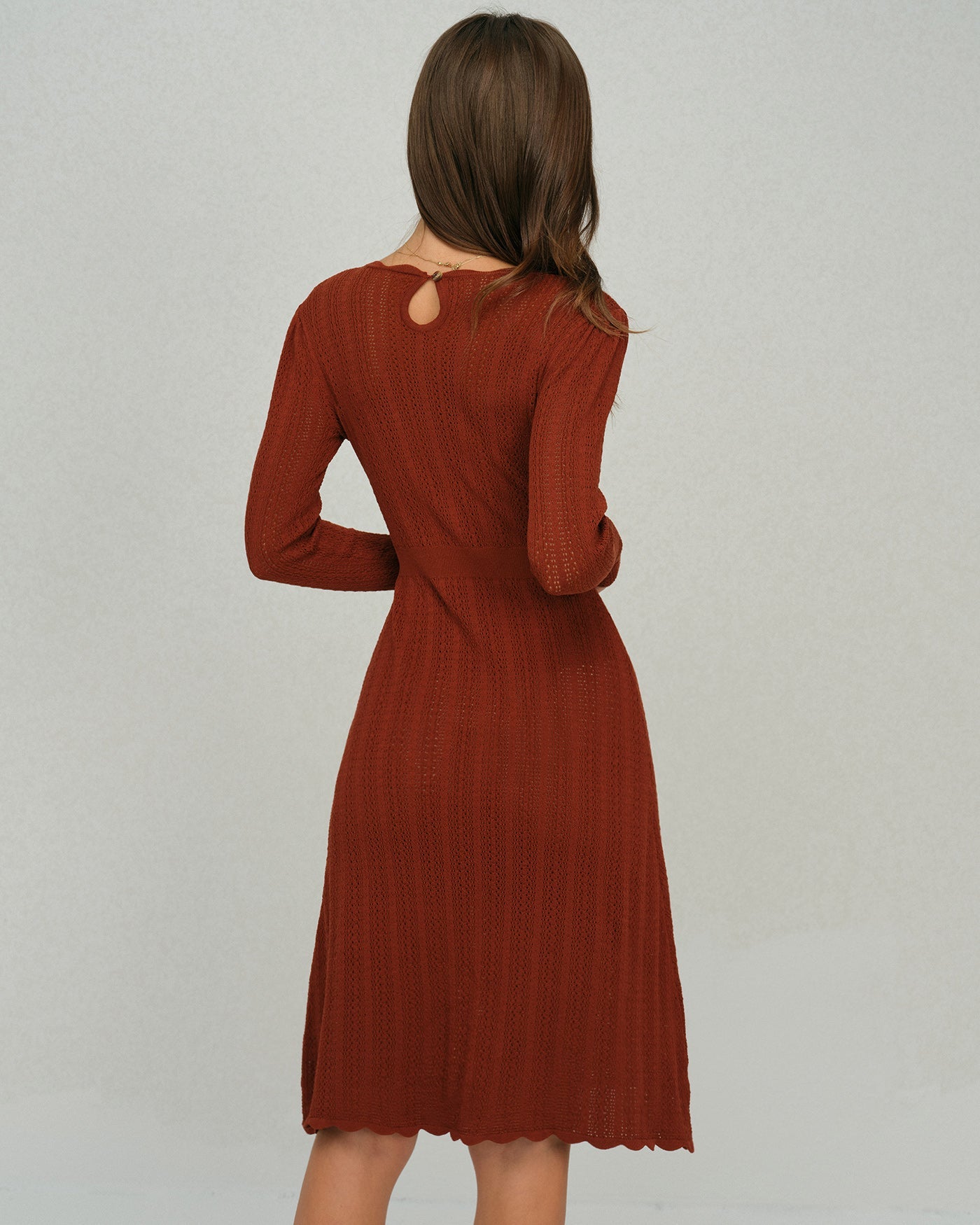 Brown Scalloped A-Line Sweater Dress