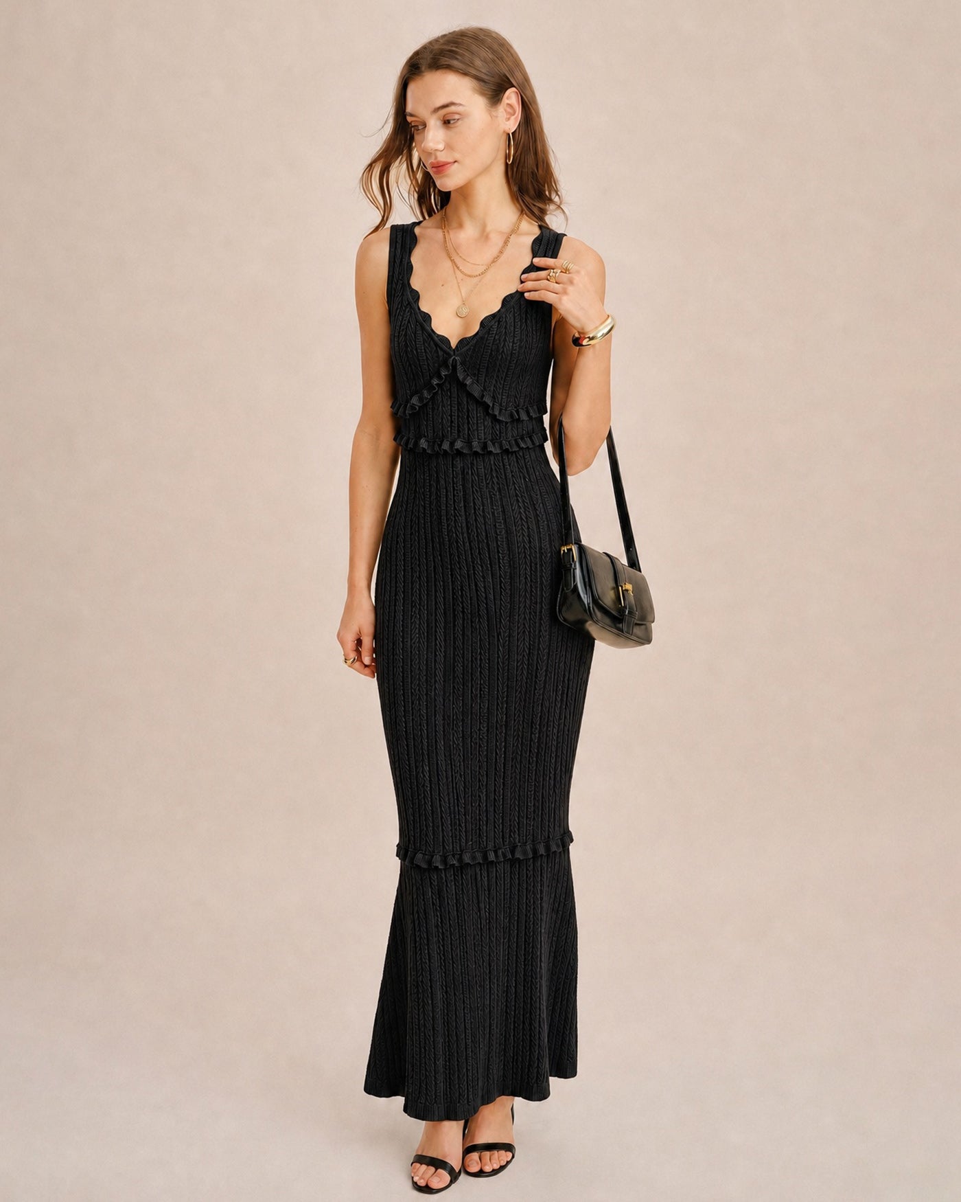 Black V Neck Mermaid Sweater Maxi Dress