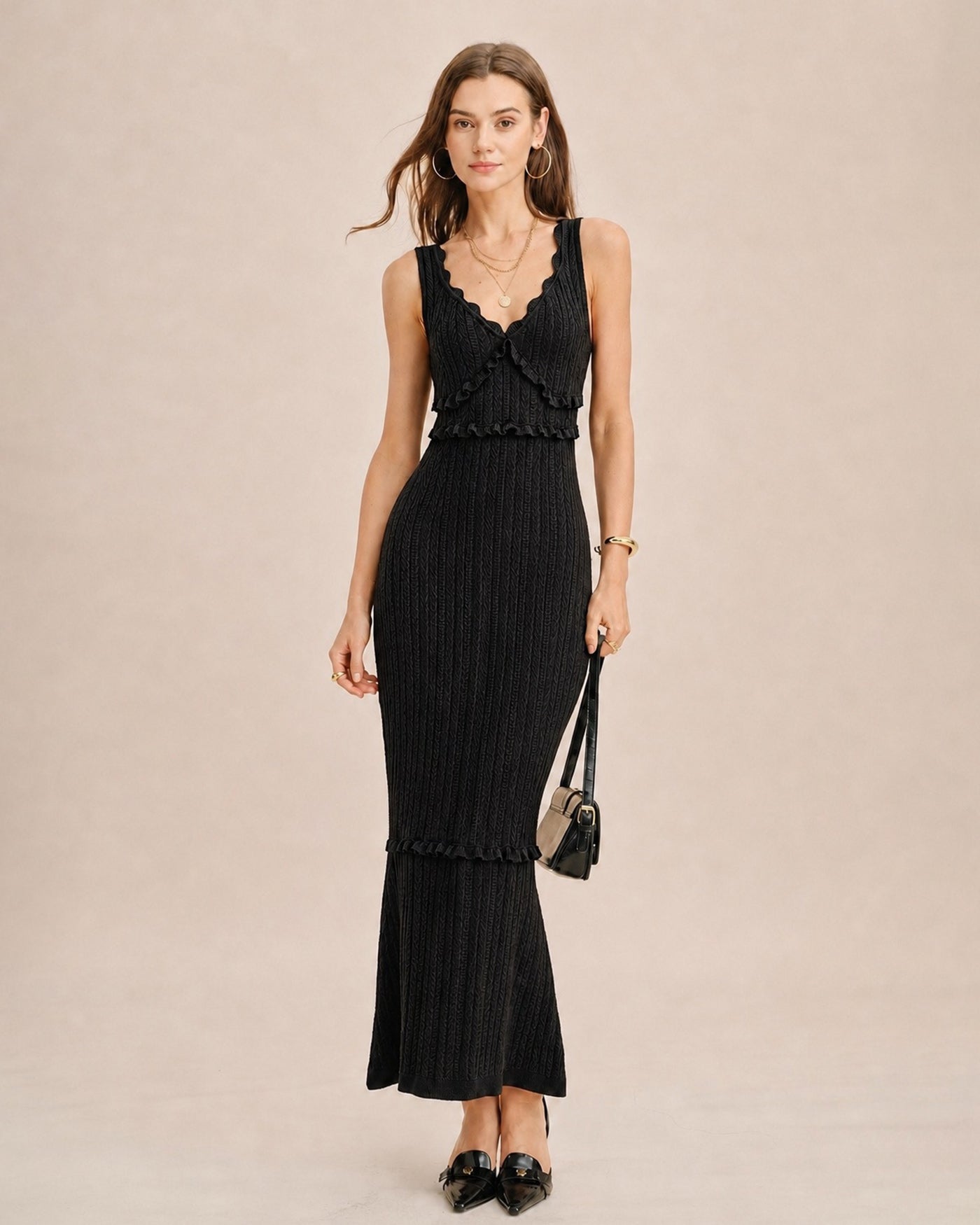 Black V Neck Mermaid Sweater Maxi Dress