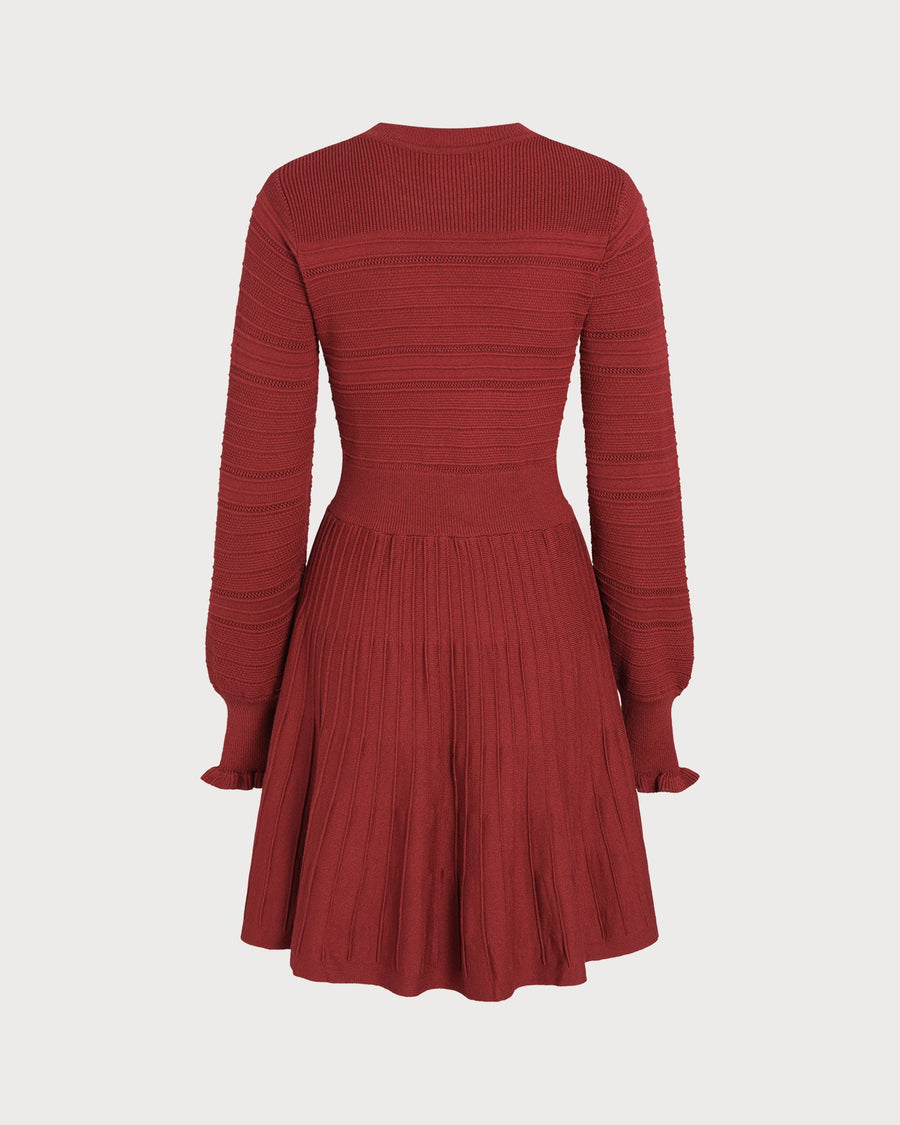 Wine Red Lantern Sleeve A-Line Sweater Dress