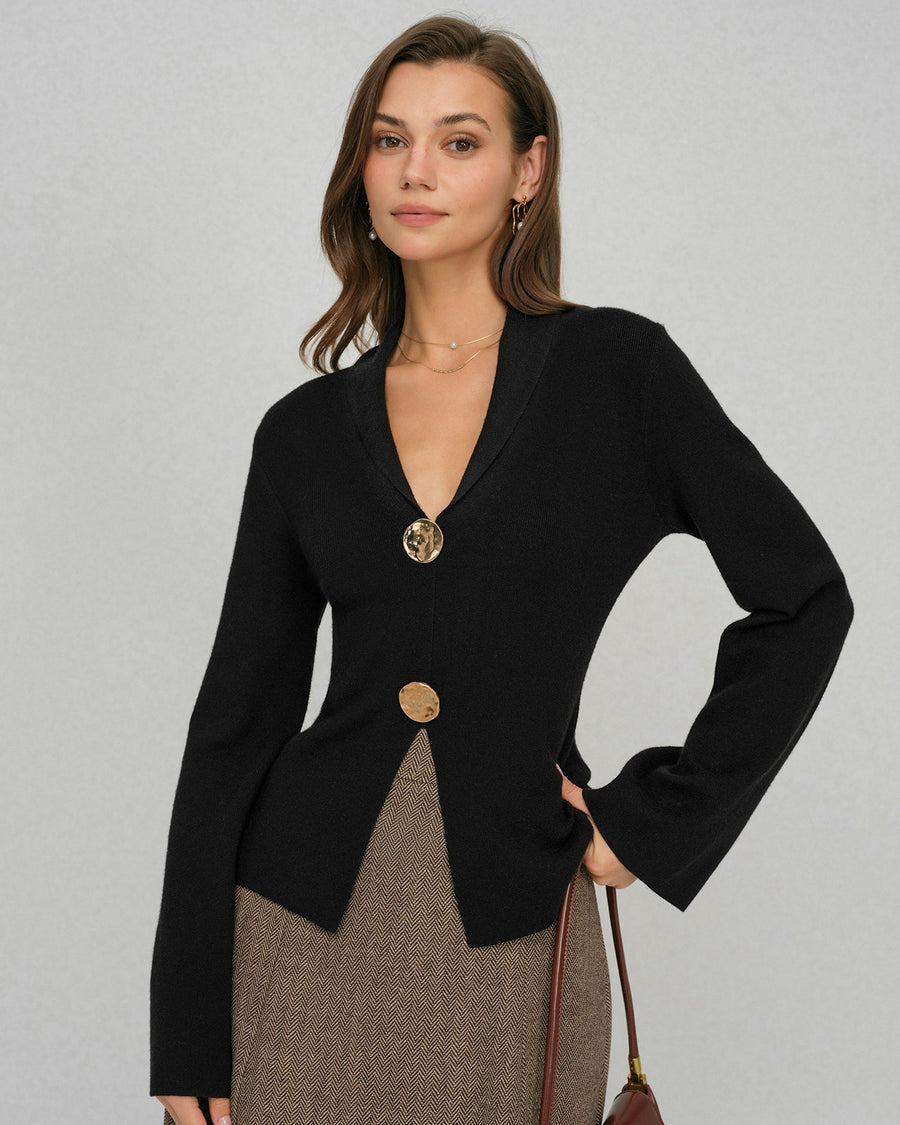 Black Bell Sleeve Button Collar Sweater