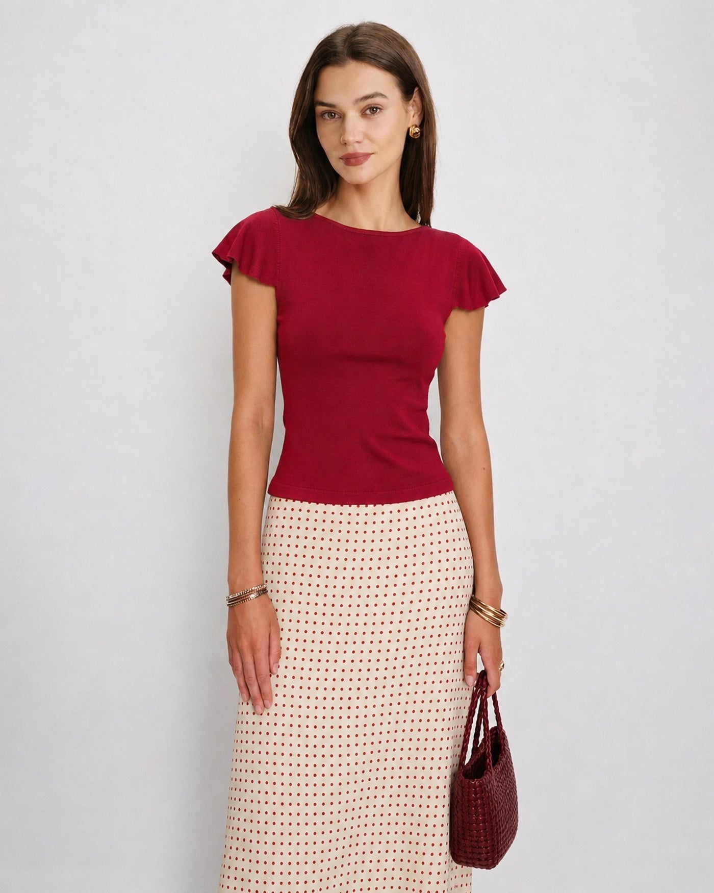 Red Solid Boat Neck Knit Tee