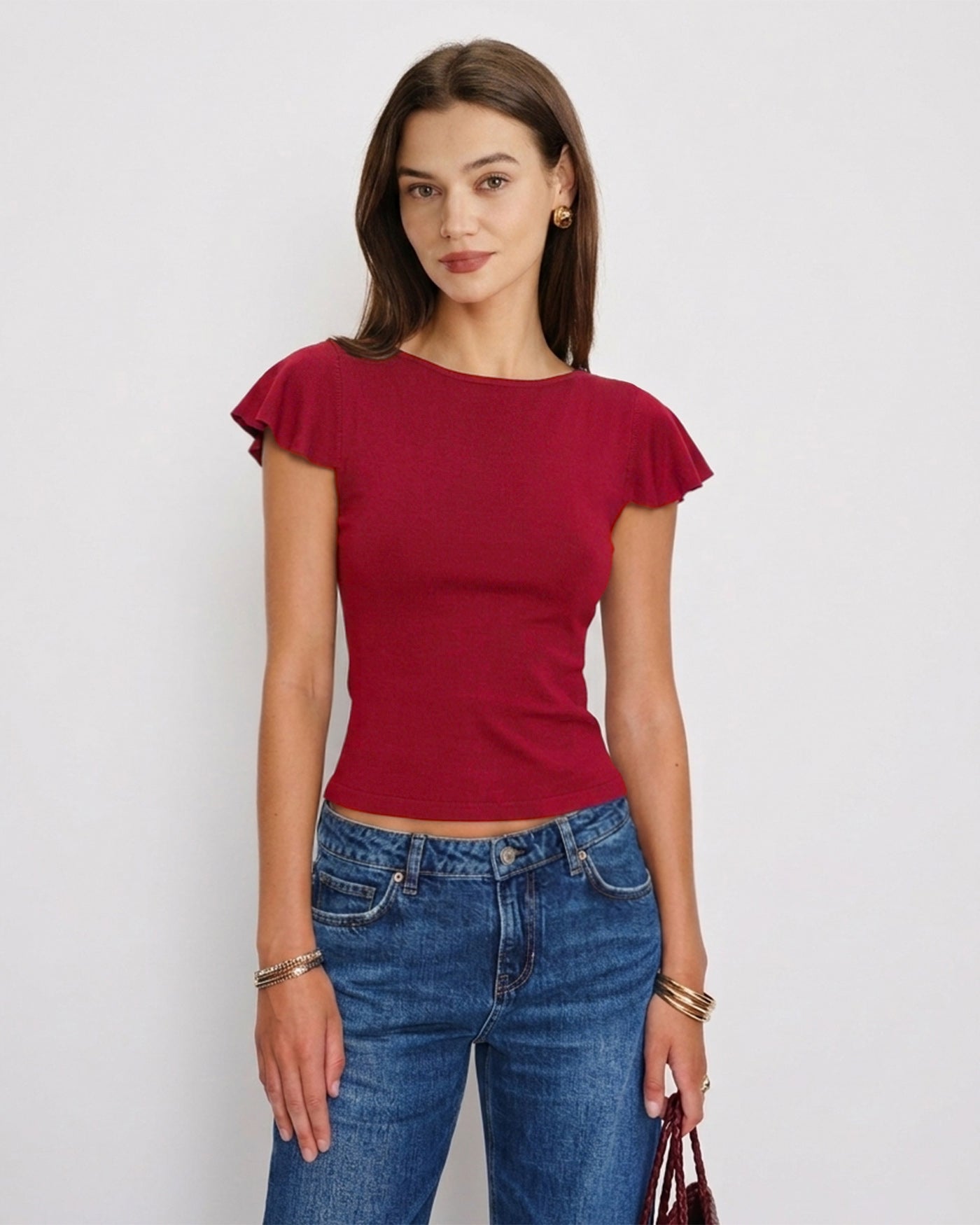 Red Solid Boat Neck Knit Tee