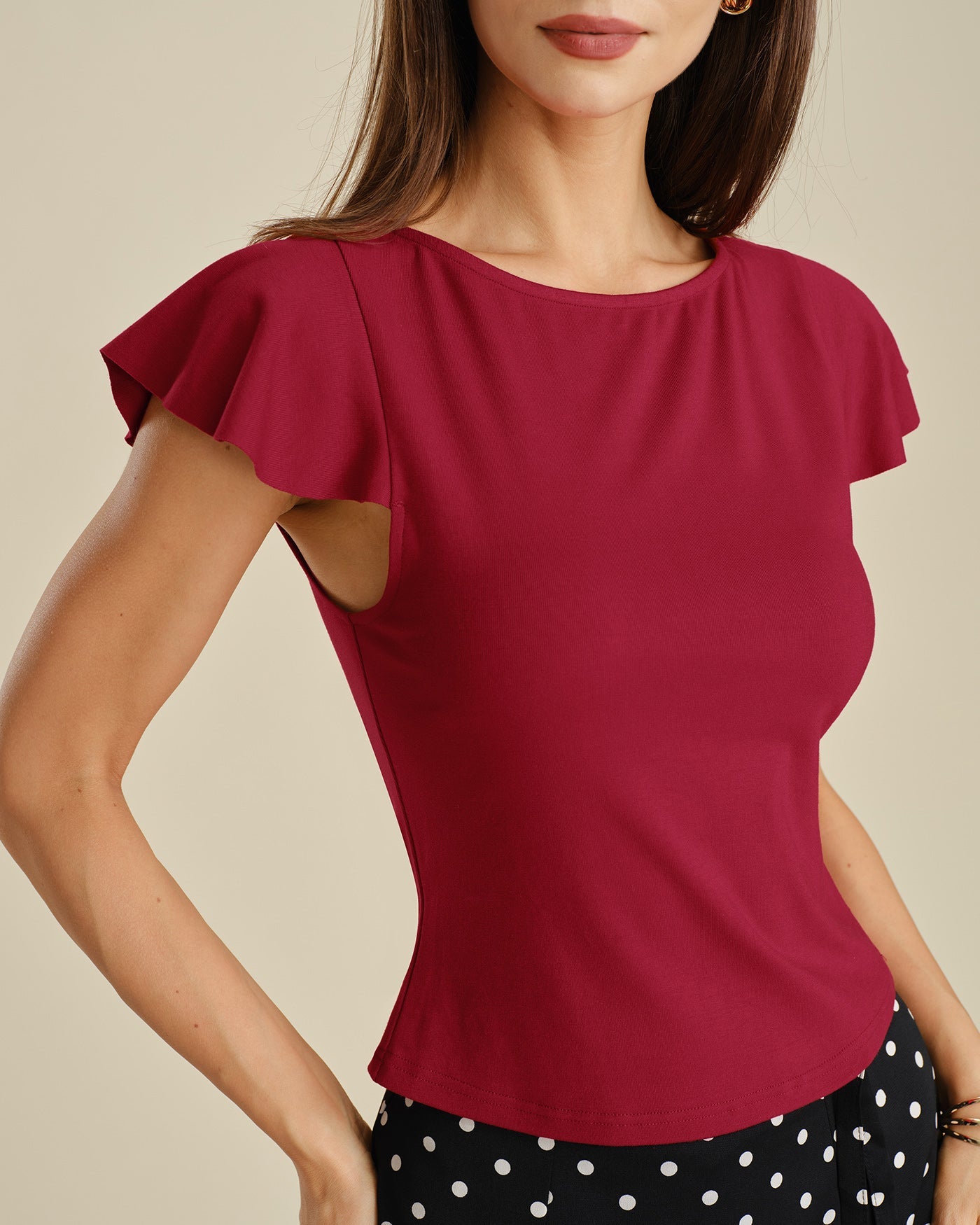 Red Solid Boat Neck Knit Tee