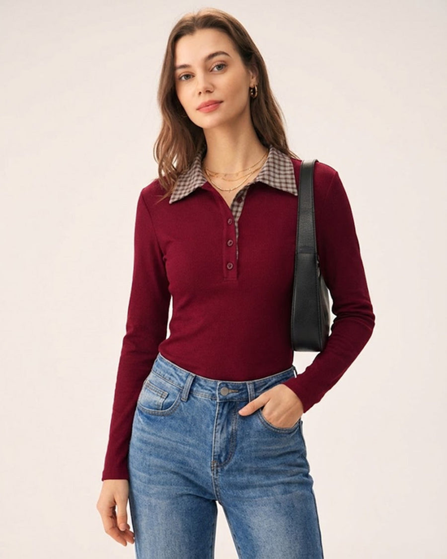 Red Plaid Collar Viscose Tee