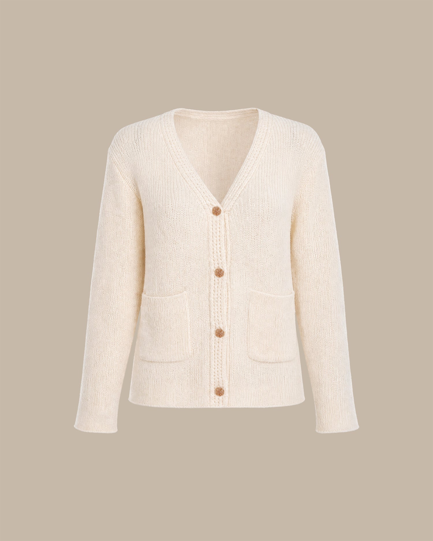 Apricot V Neck Pockets Knit Cardigan