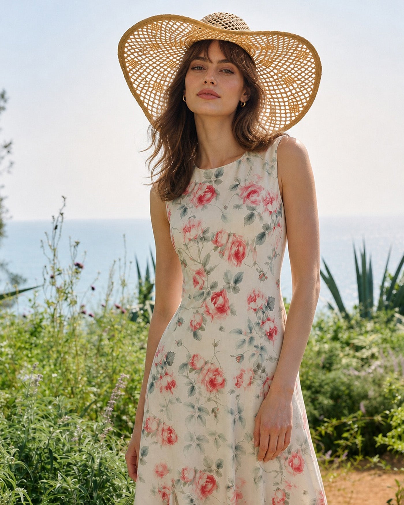 Pink Round Neck Sleeveless Floral Maxi Dress