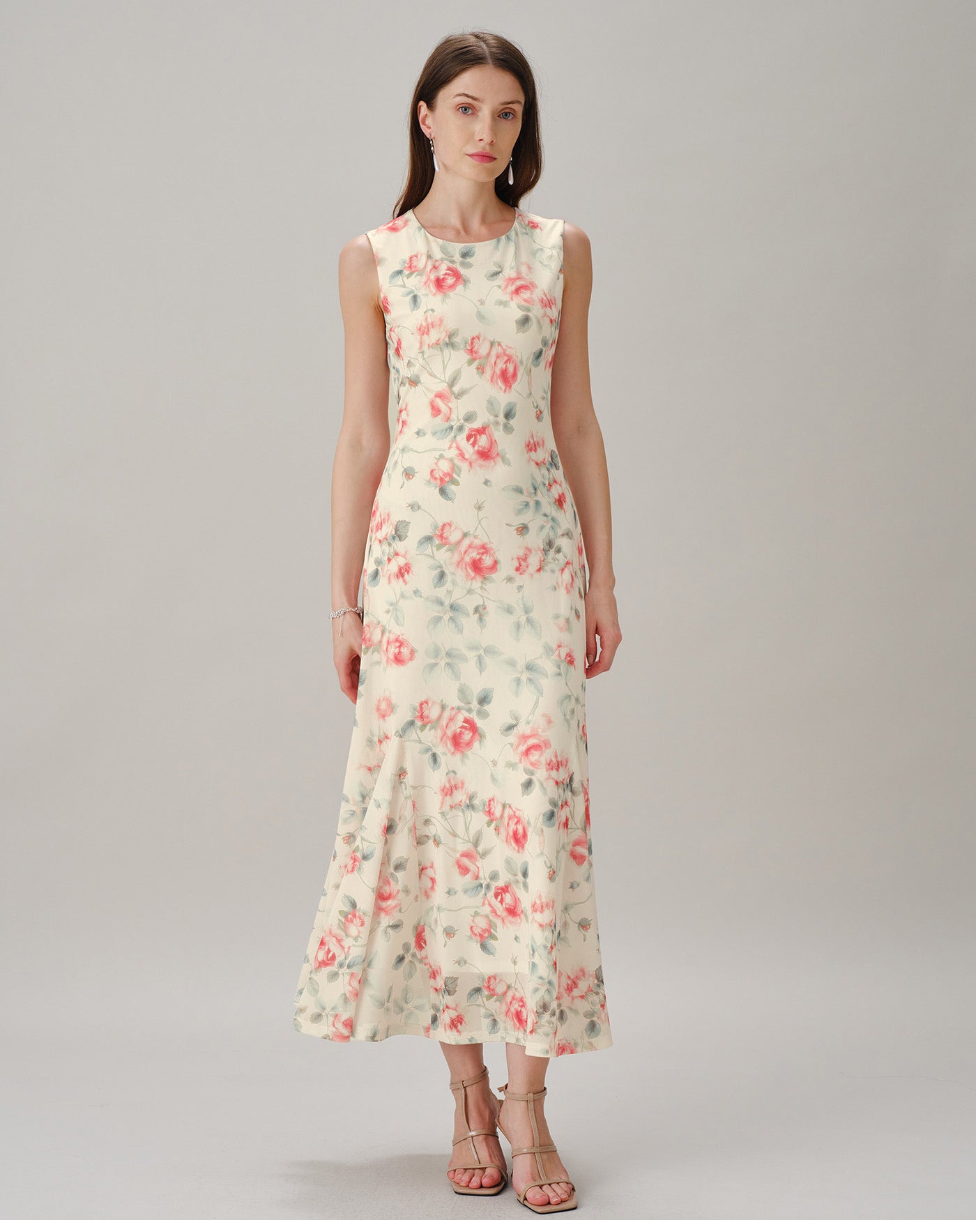 Pink Round Neck Sleeveless Floral Maxi Dress