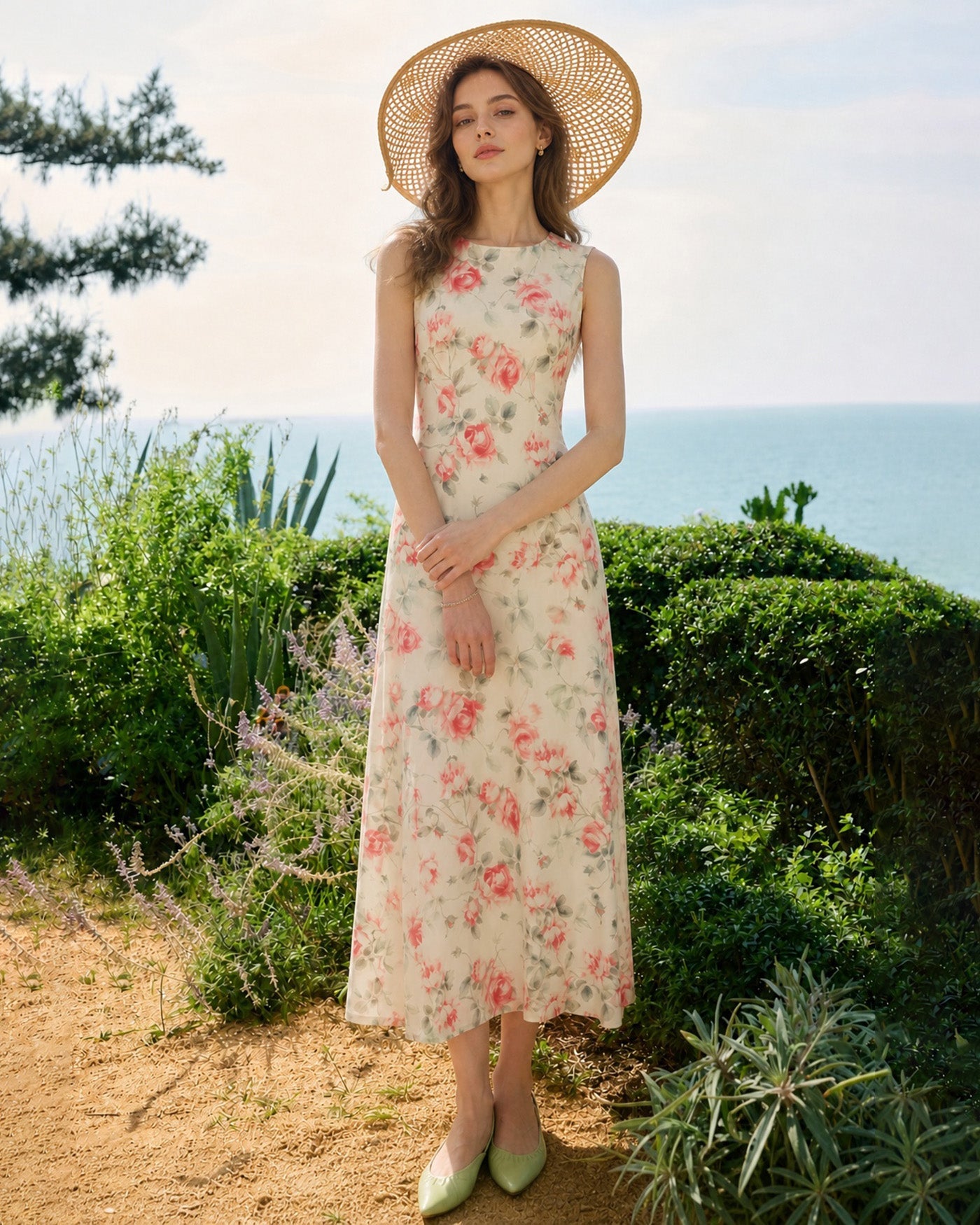 Pink Round Neck Sleeveless Floral Maxi Dress