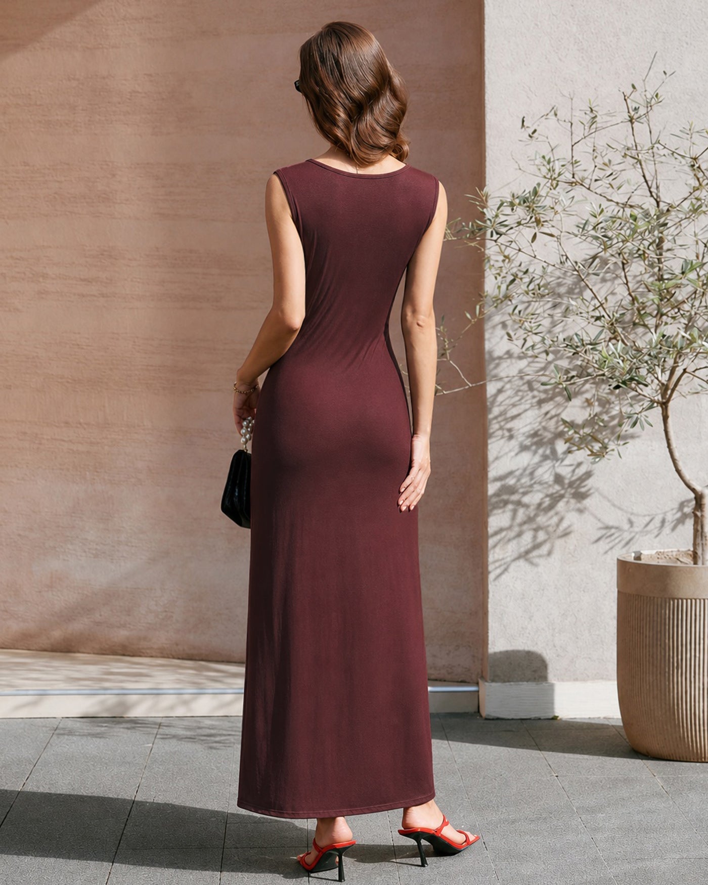 Wine Red Boat Neck Tunic Maxi Dress