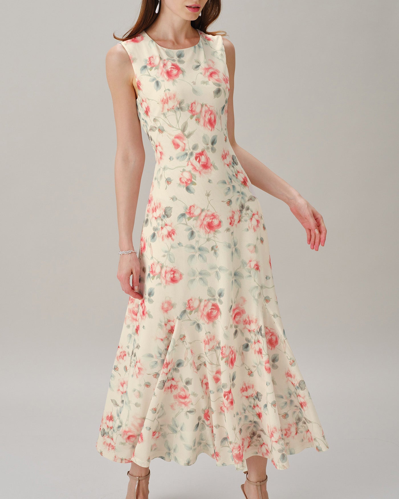 Pink Round Neck Sleeveless Floral Maxi Dress