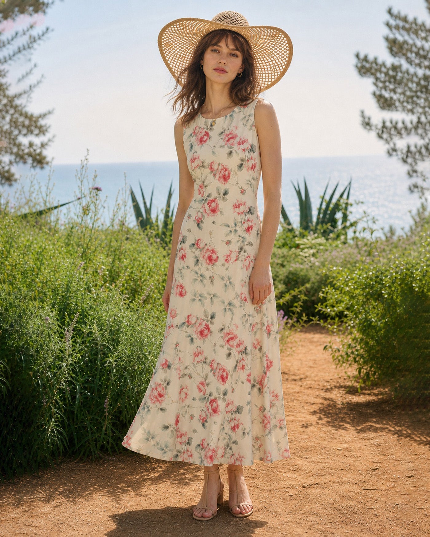 Pink Round Neck Sleeveless Floral Maxi Dress