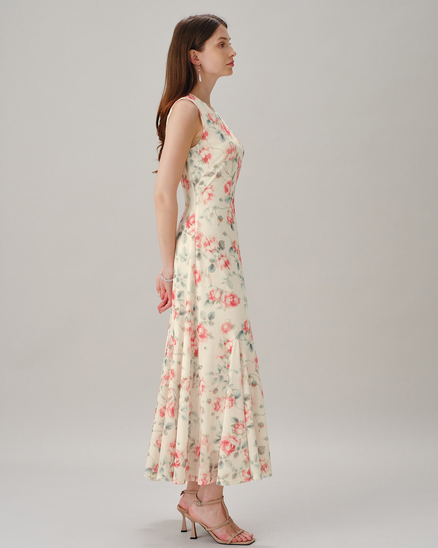 Pink Round Neck Sleeveless Floral Maxi Dress