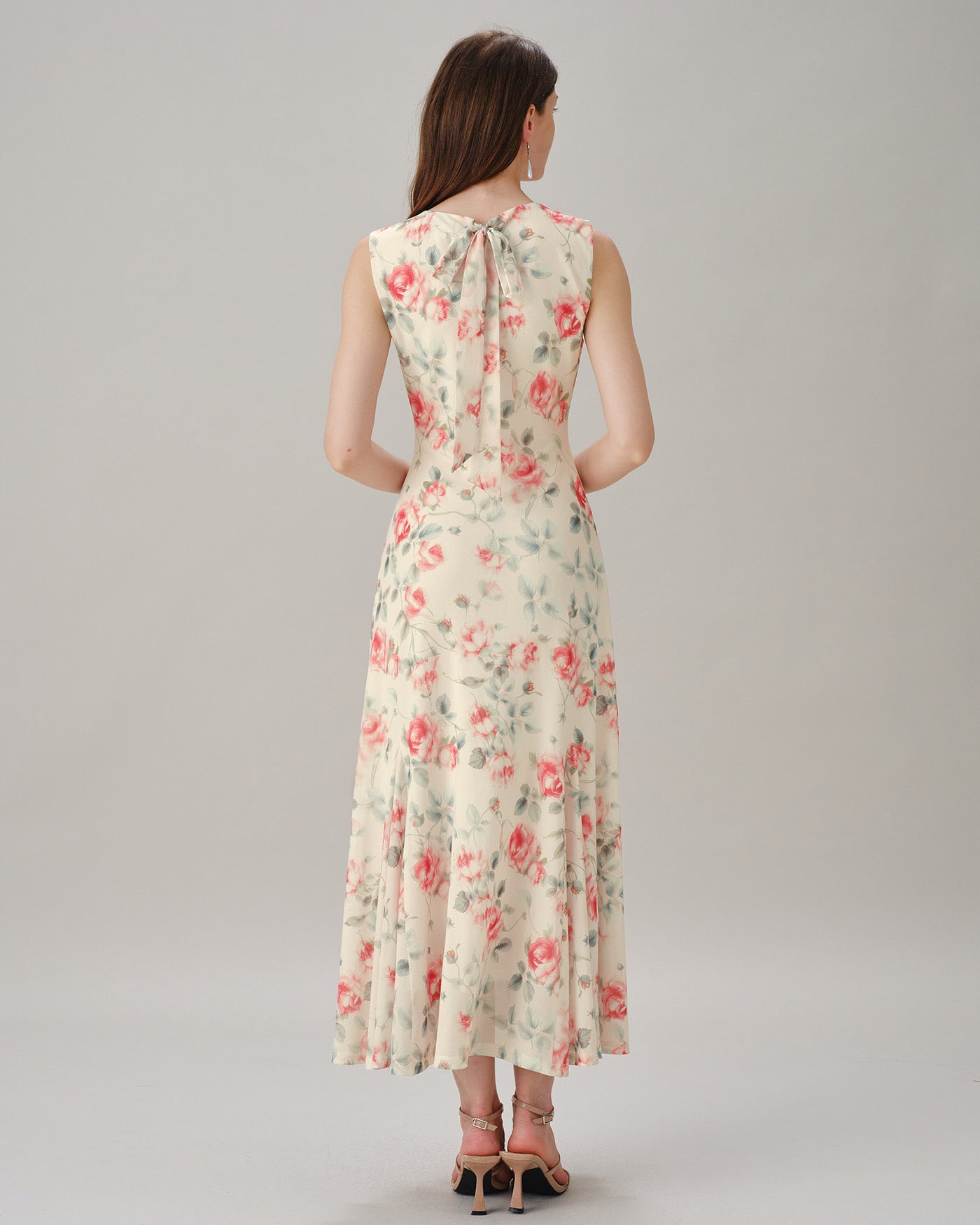 Pink Round Neck Sleeveless Floral Maxi Dress
