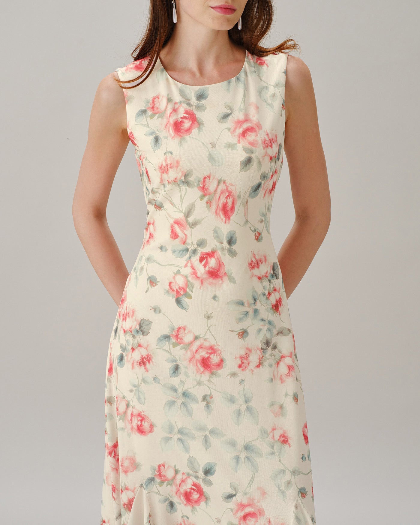 Pink Round Neck Sleeveless Floral Maxi Dress